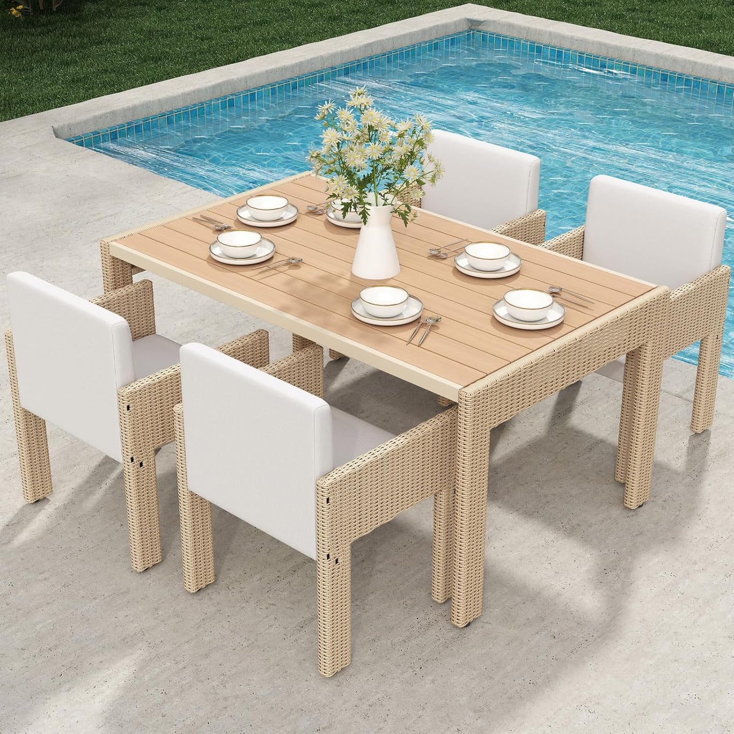 7 Piece Patio Dining Set, Outdoor Dining Furniture Set with Large Table, PE Wicker Patio Dining Set of 6, Outdoor Table and Chairs for Garden, Yard, Backyard, Poolside, Grey