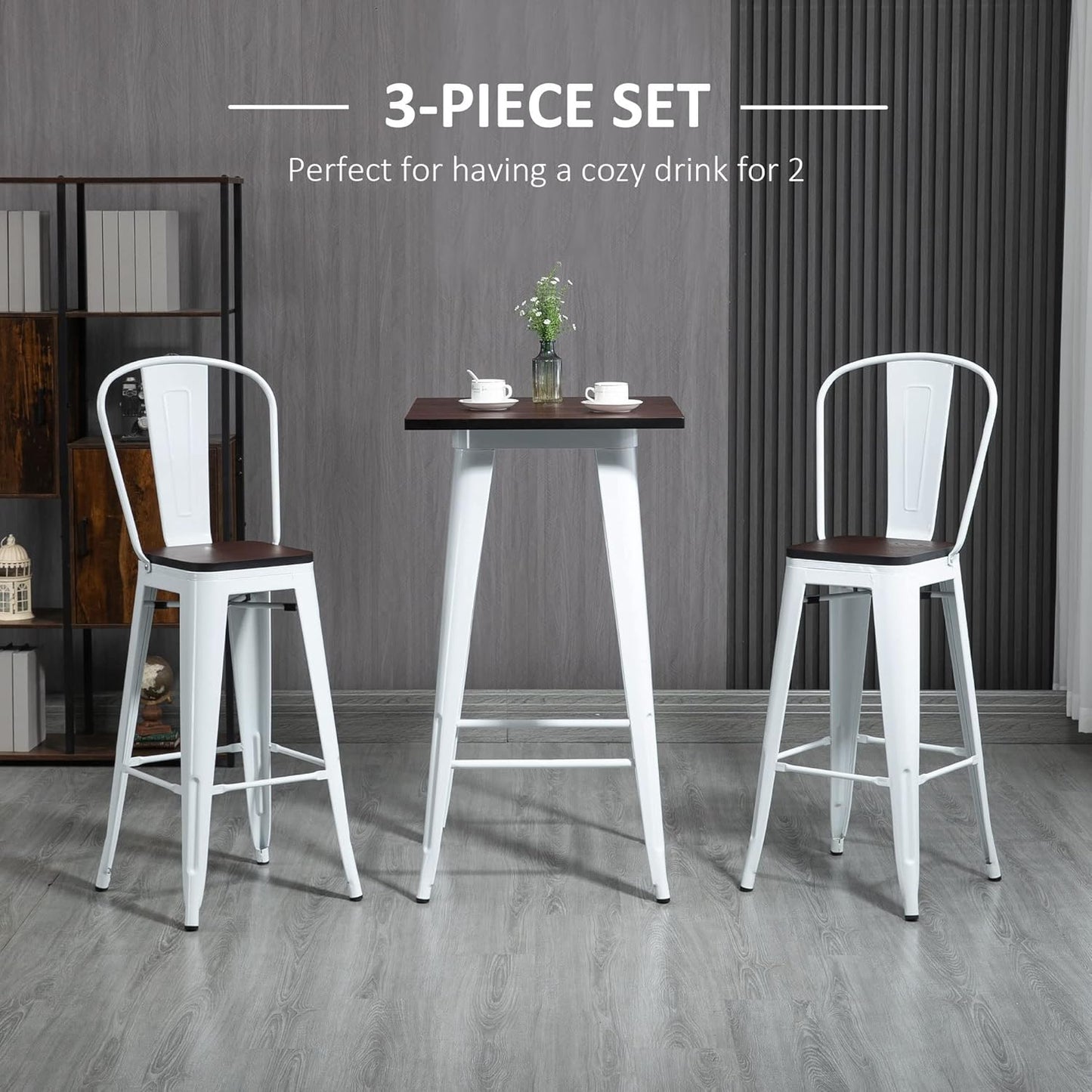 HOMCOM 3 Piece Industrial Dining Table Set, Bar Height Bar Table and Chairs Set with Footrests for Bistro, Pub, White and Brown