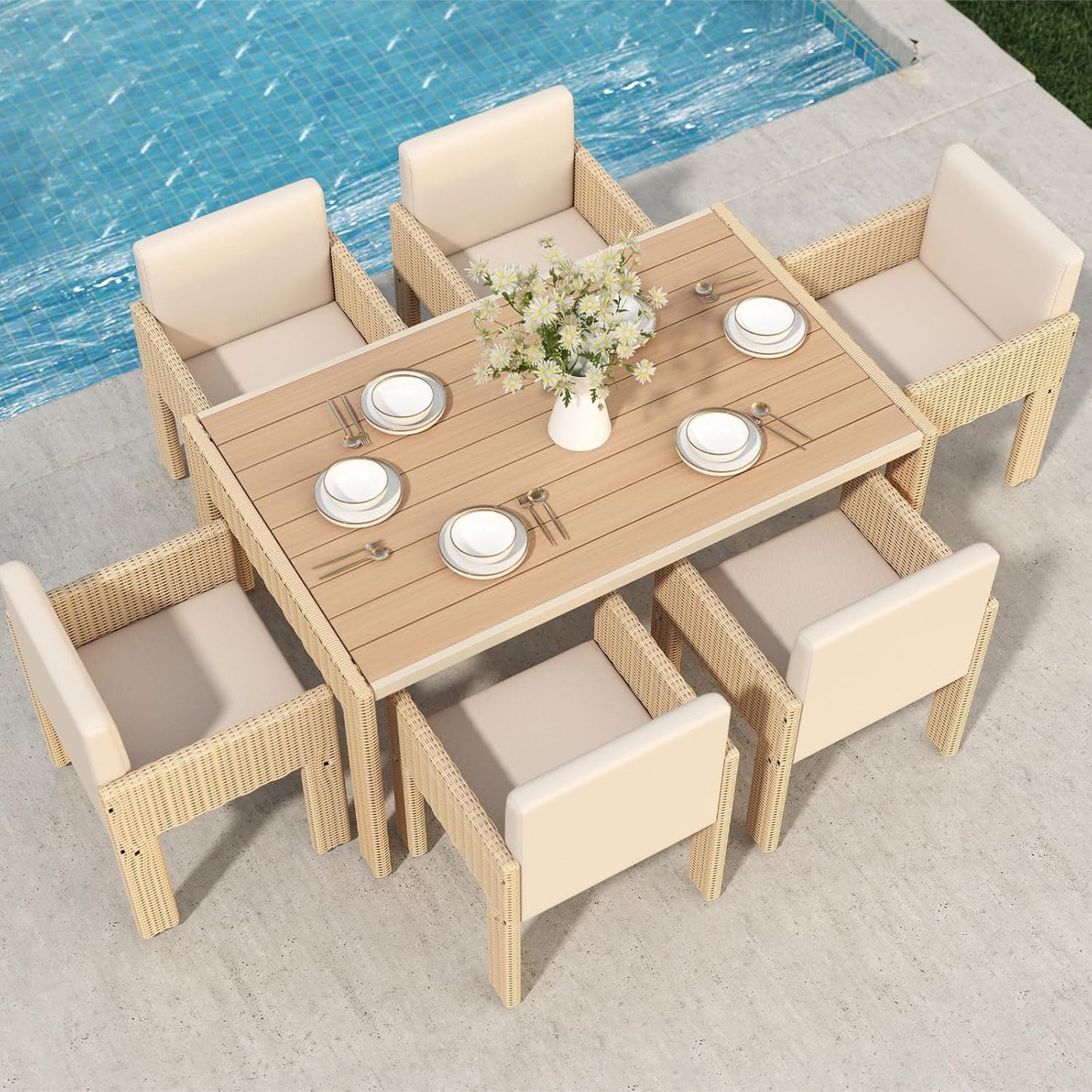 7 Piece Patio Dining Set, Outdoor Dining Furniture Set with Large Table, PE Wicker Patio Dining Set of 6, Outdoor Table and Chairs for Garden, Yard, Backyard, Poolside, Grey