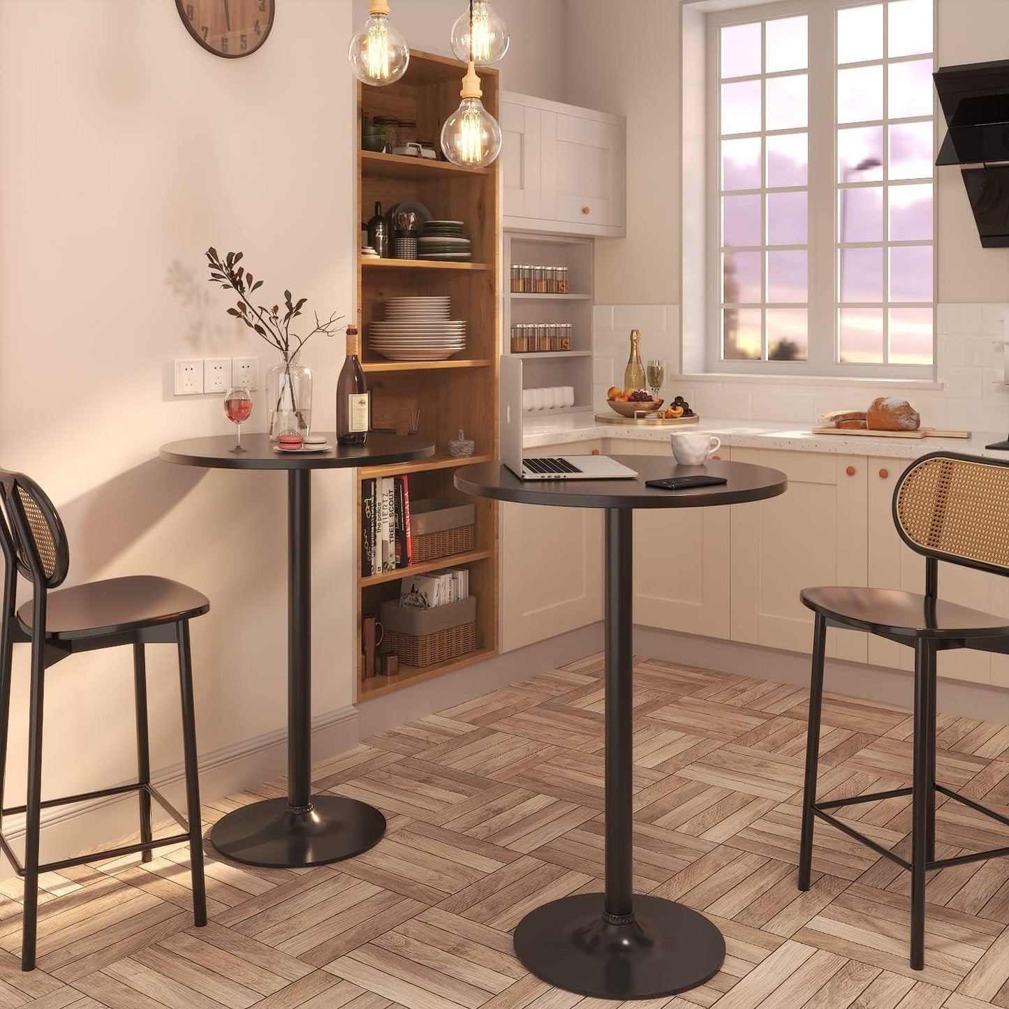 Furmax Bistro Pub Table 2 Pack Round Bar Height Cocktail Table Metal Base MDF Top Obsidian with Black Leg 23.8-Inch Top, 39.5-Inch Height (Black)
