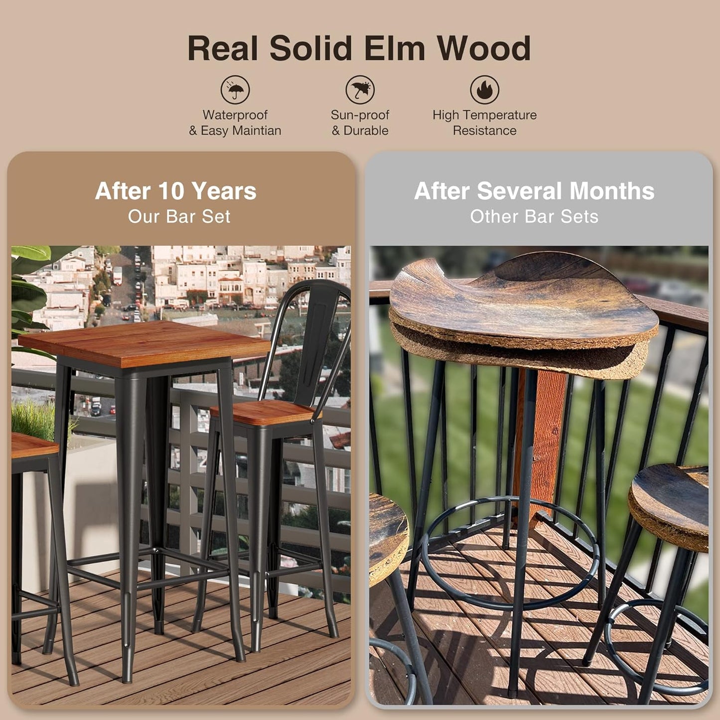 Aiho Bar Table and Chairs Set, Pub Table and Chairs Set of 2, with Elm Solid Wood and Thickened Metal Frame, for Bar, Small Space, Bistro Cafe