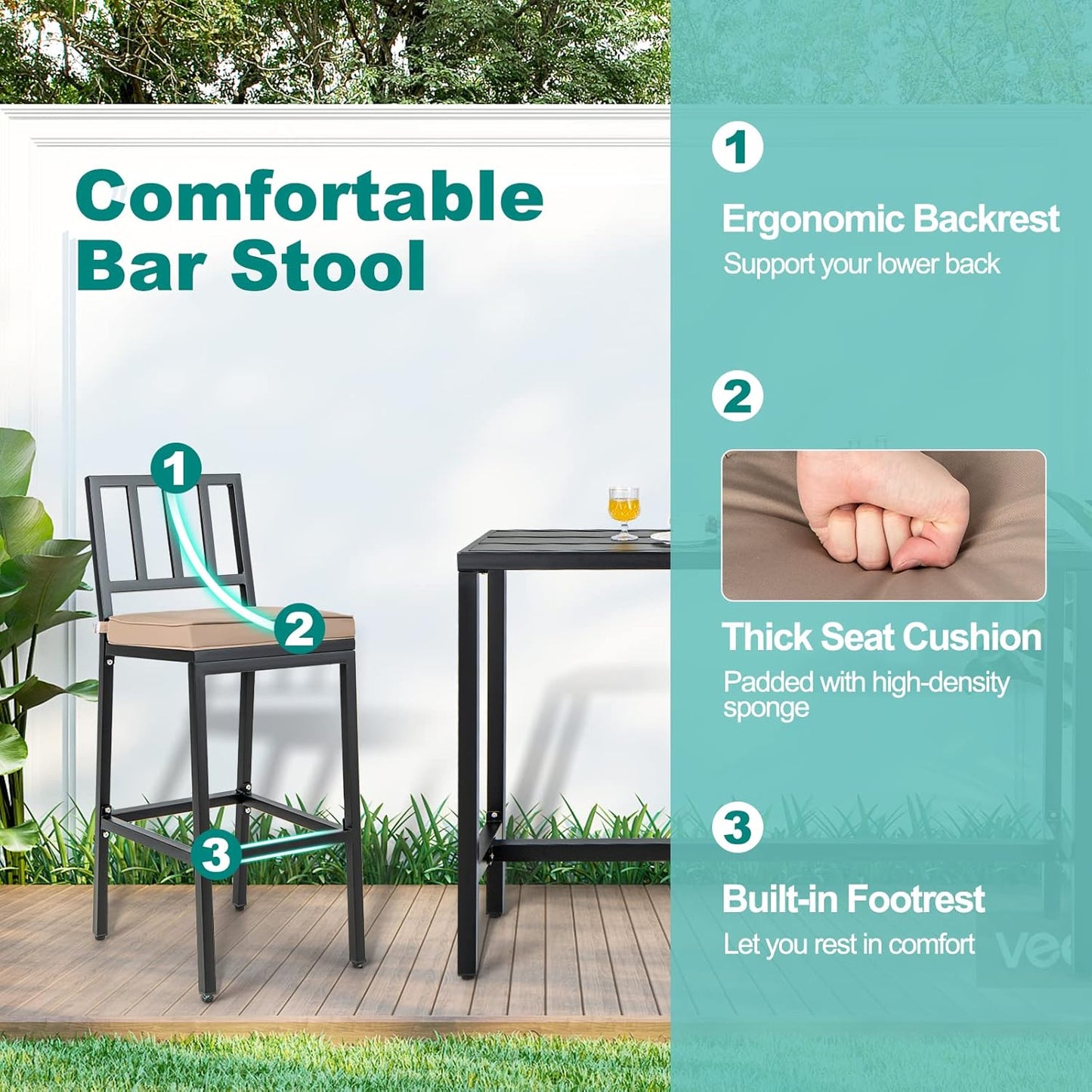 COSTWAY 3 Piece Outdoor Patio Bar Set, 48" Rectangular Pub Height High Top Bar Table with 2 Cushioned Bar Stools, Metal Bar Table and Chairs Set for Balcony, Backyard, Porch