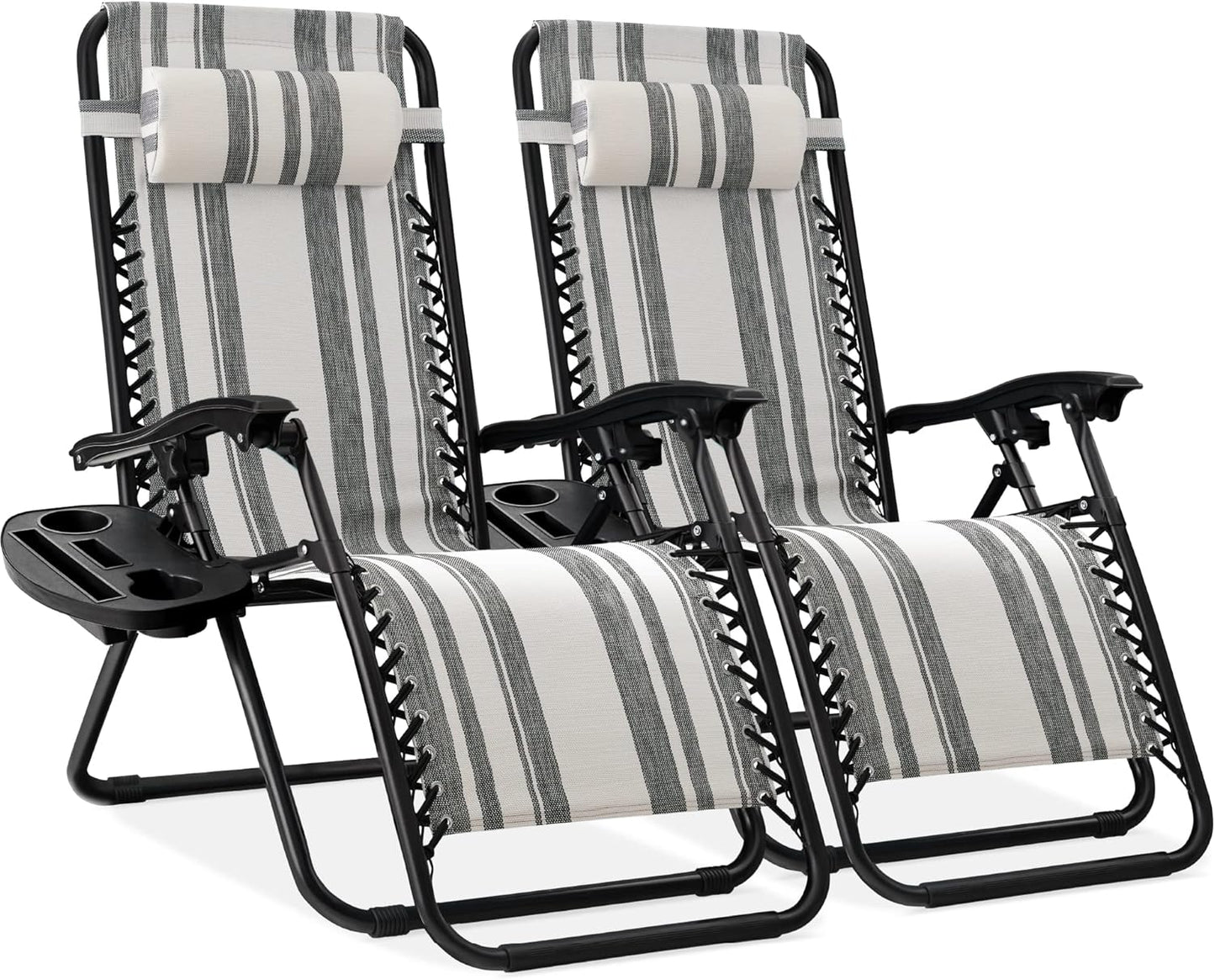 Best Choice Products Set of 2 Adjustable Steel Mesh Zero Gravity Lounge Chair Recliners w/Pillows and Cup Holder Trays - Navy Blue