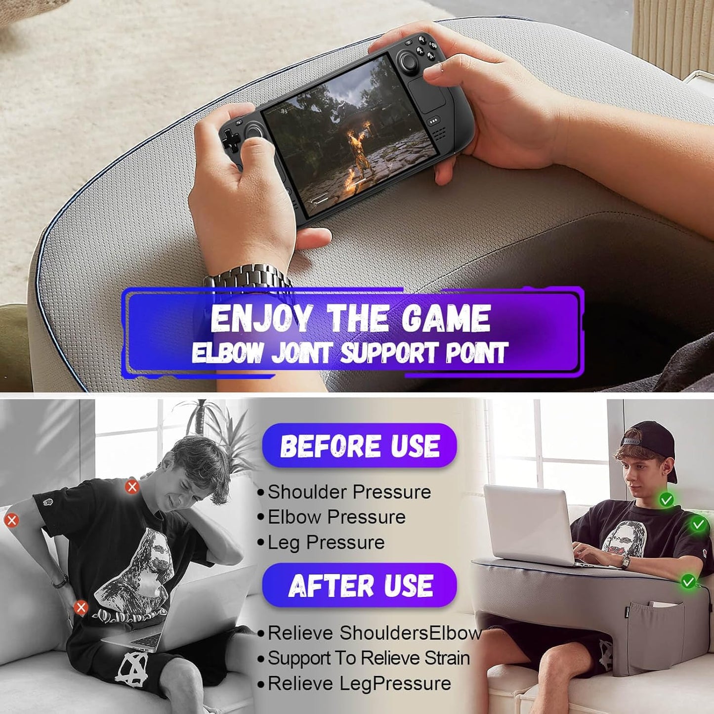 Reading Pillow for Gaming, Extra Large Laptop Pillow for Adult, Memory Foam Lap Desk Gaming Pillow for Reading, Working, Playing Steam Deck Switch or Sitting in Bed Floor Sofa(Grey)