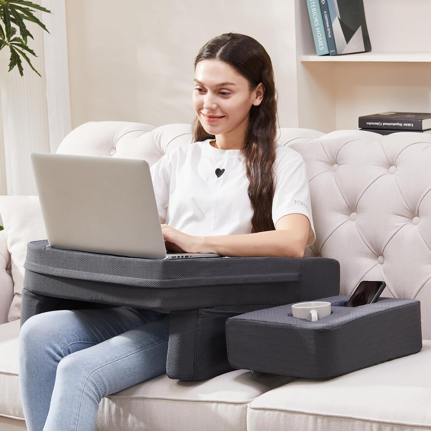 Lap Desk Pillow for Laptop, Large Reading Pillow for Adult, Arm Rest Pillow with Cup Holder, Memory Foam Bed Desk for Working, Gaming, Reading, Laptop Desk for Couch Bed Floor(Grey)