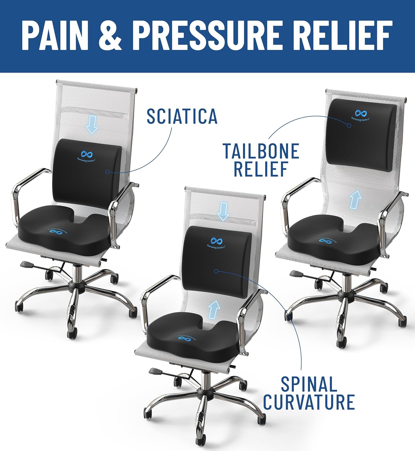 Everlasting Comfort Doctor Recommended Memory Foam Seat Cushion and Lumbar Support Pillow - Ergonomic Office Chair Cushions for Tailbone, Sciatica, Lower Back Pain Relief-Car Seat & Desk Chair Support