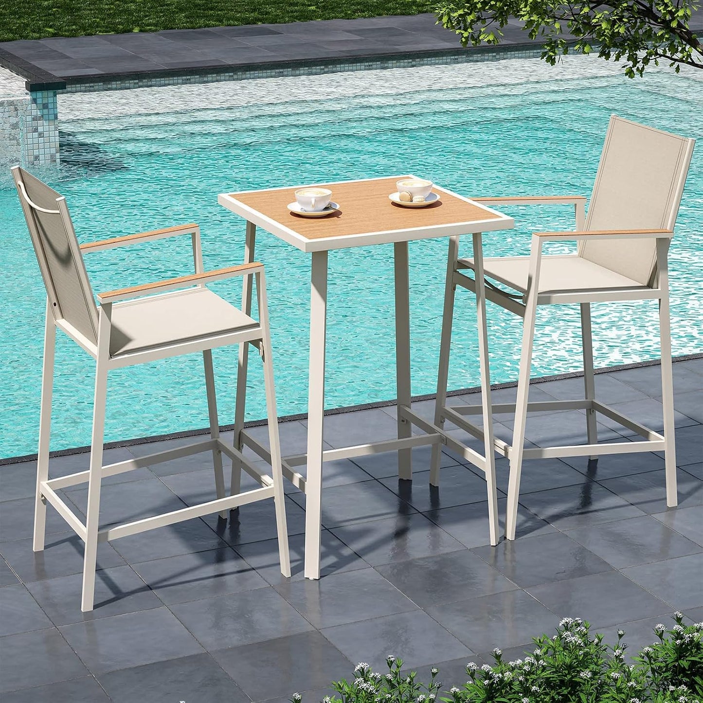LAUSAINT HOME 3-Piece Patio Bar Set, All Weather Textilene Bar Height Table and Chairs Set with Wood Like-Top Table, Metal Counter Height Bar Stools and Table Set for Garden, Deck, Balcony