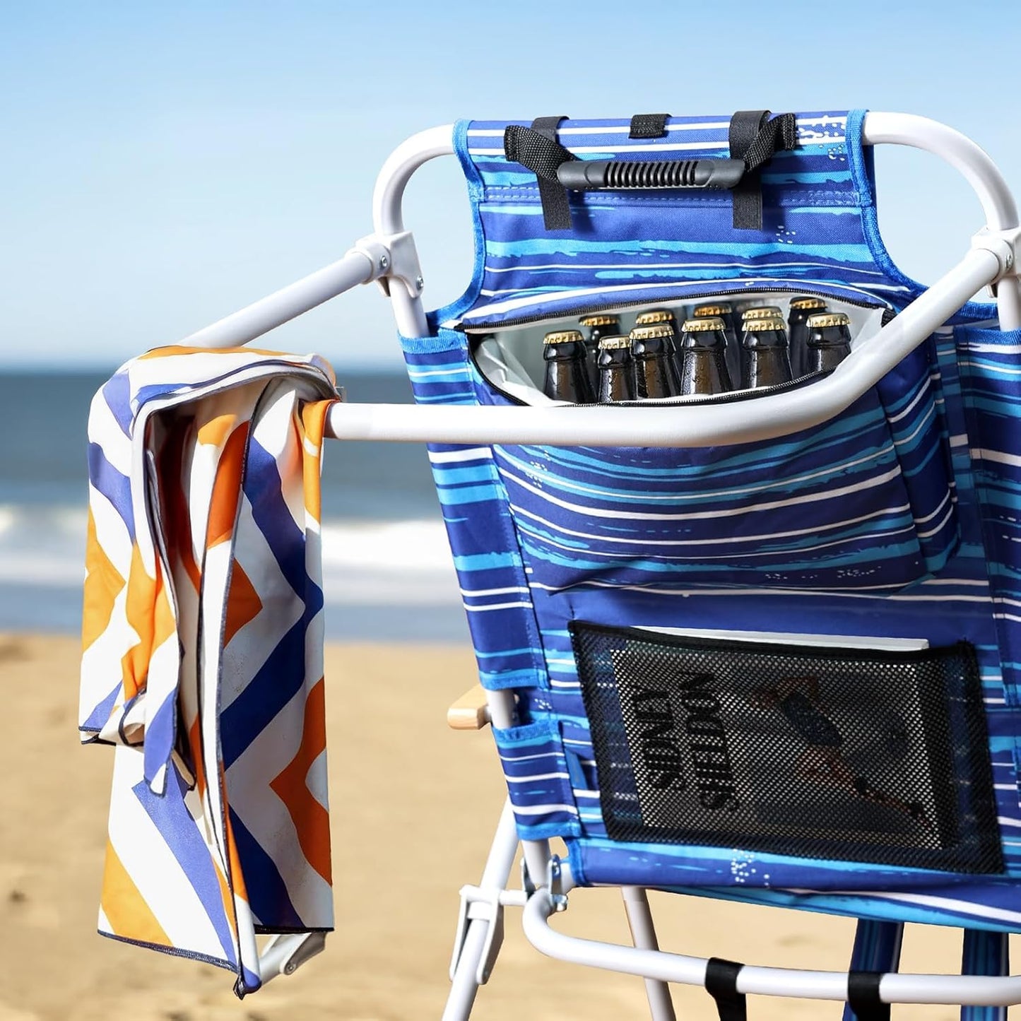 Tall Beach Chairs for Adults, 17" High Backpack Beach Chair with Wooden Armrests, 5 Positions Reclining Heavy Duty Chair with Large Cooler Pouch, Support to 350LBS Striped Blue,1pack