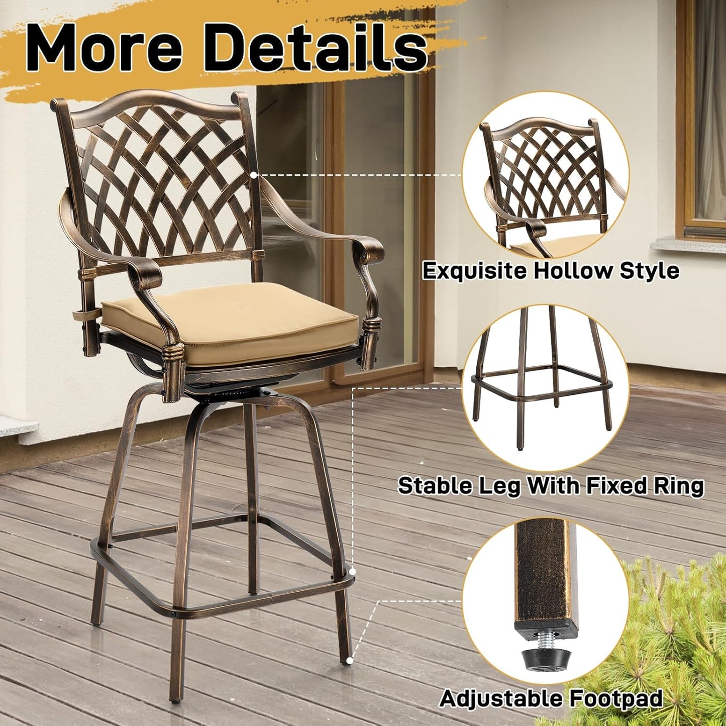 VINGLI 3 Piece Outdoor Patio Bar Set, Cast Aluminum Outdoor Swivel Bar Stools and Table w/Umberlla Hole, All-Weather Outdoor Bar Table and Chairs High Top Bistro Set w/Cushions (Grid Back)