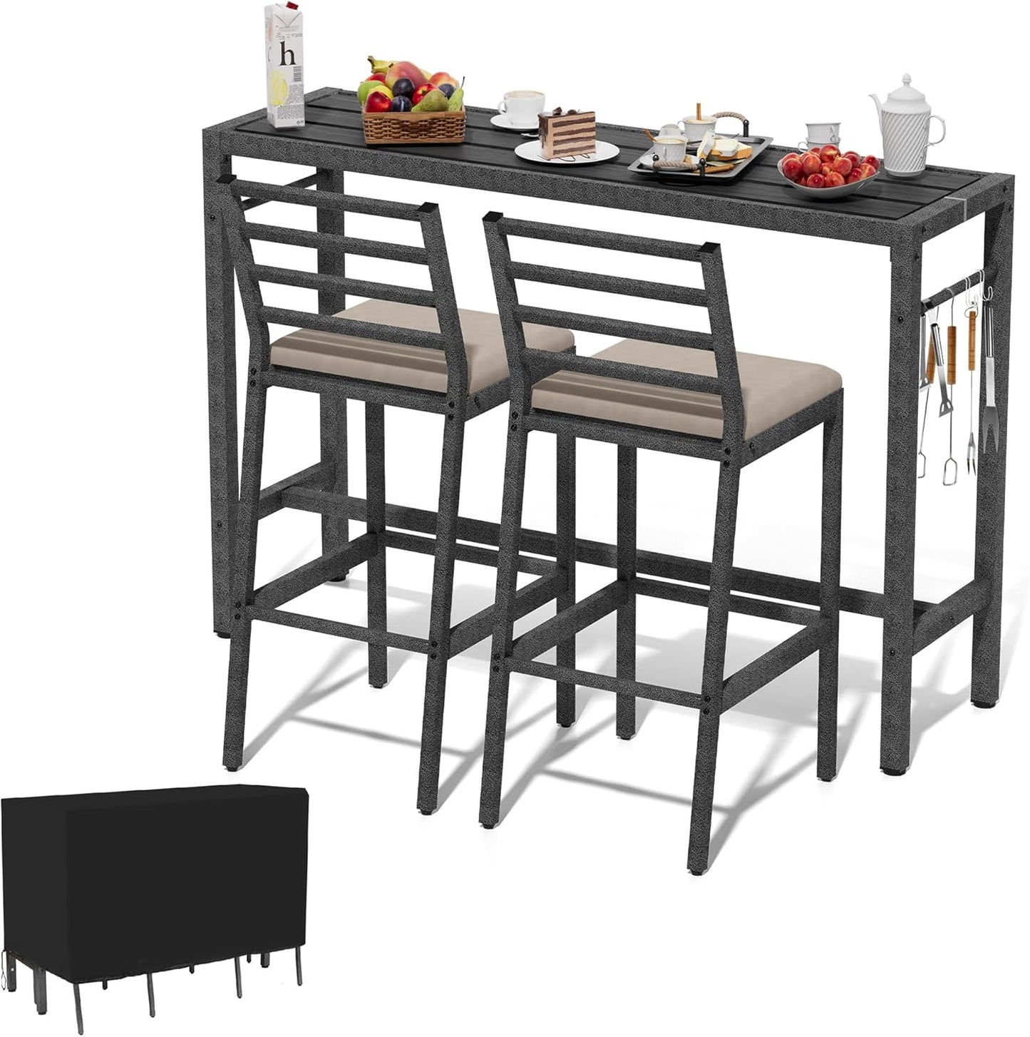 3Pcs Outdoor Patio Bar Set, 55" Rectangular Pub Height High Top Bar Table with 2 Cushioned Bar Stools & Cover, Metal Bar Table and Chairs Set for Outside, Patio, Balcony, Backyard, Porch, Deck