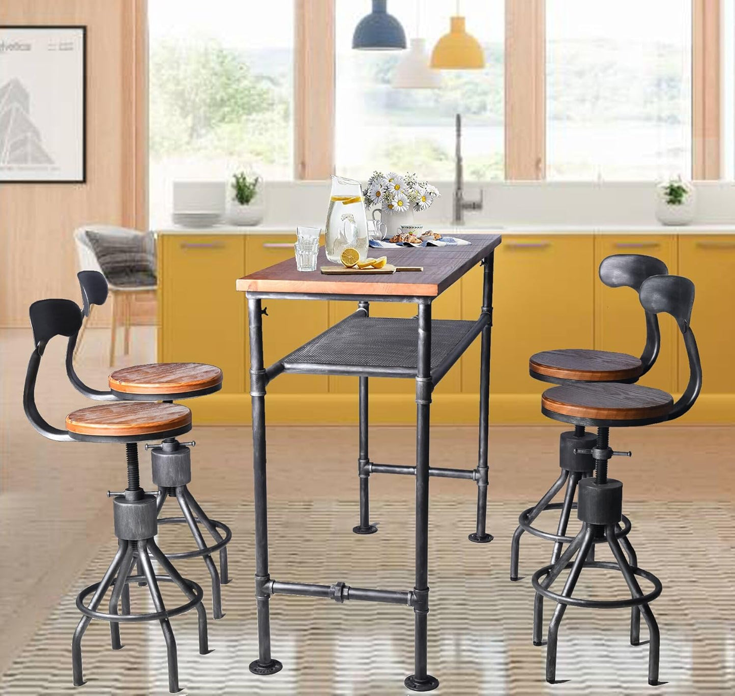 Diwhy 5 Piece Bar Table and Barstool Set Industrial Rectangular Pub Bar Table with Extra Shelf for Stroage and Kitchen Counter Height Adjustable Stool with Backrest Silver(1 Table + 4 Chairs)
