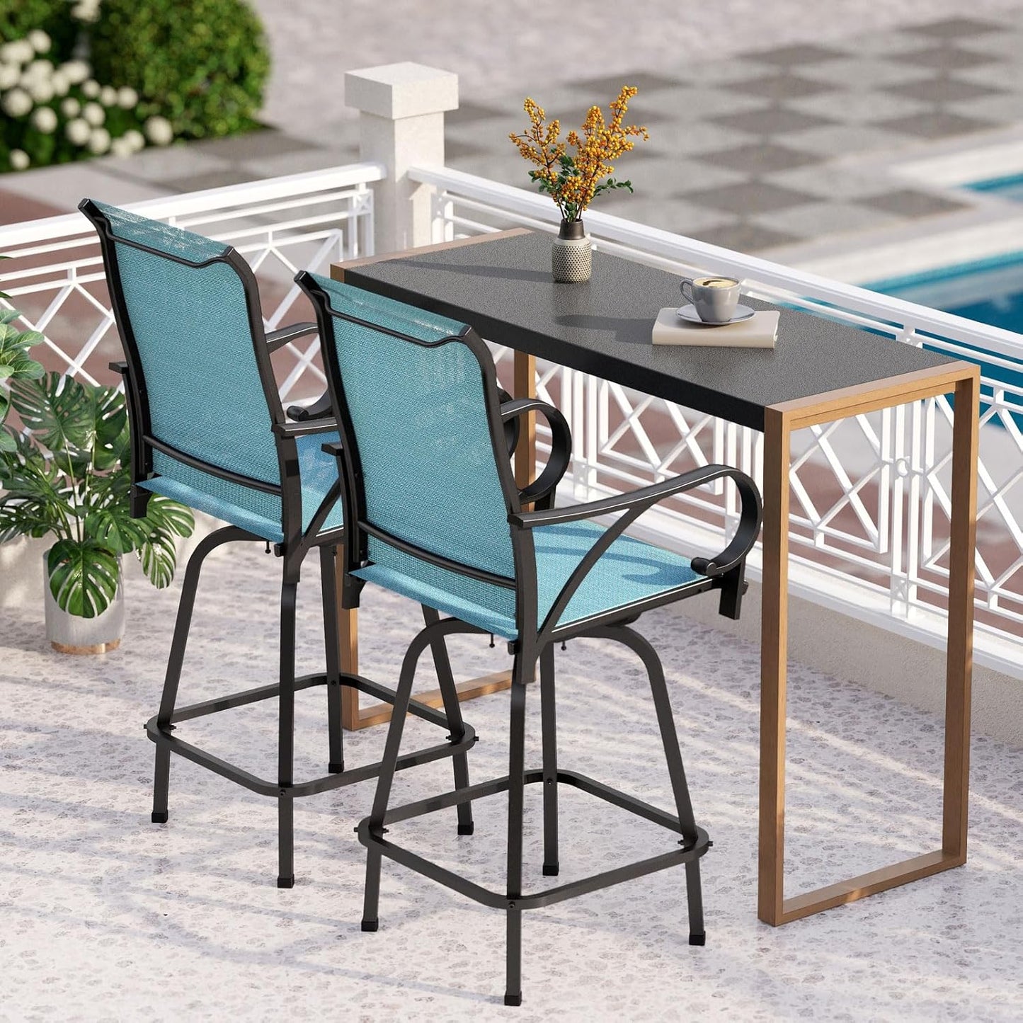 PHI VILLA 7 Piece Outdoor Bar Dining Set, High Top Patio Table and Chairs with 6 Swivel Teal Bar Stools & 40" Rectangle Metal Bar Table for Garden, Yard and Deck