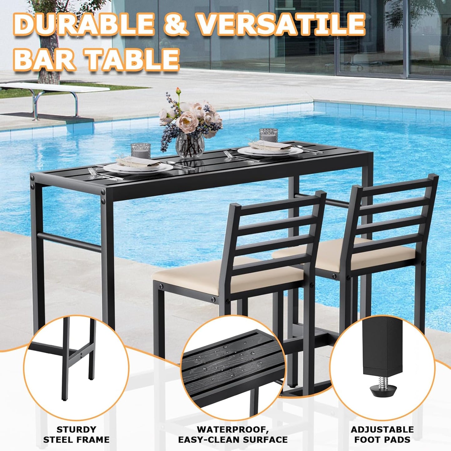 3PCS Outdoor Patio Bar Set, Outdoor Stainless Steel Patio Bar Set with 55'' Height Bar Table & 2 Cushioned Bar Set, Metal Bar Table and Chairs Set for Outside, Patio,Backyard (50''L x 16''W x 38''H)