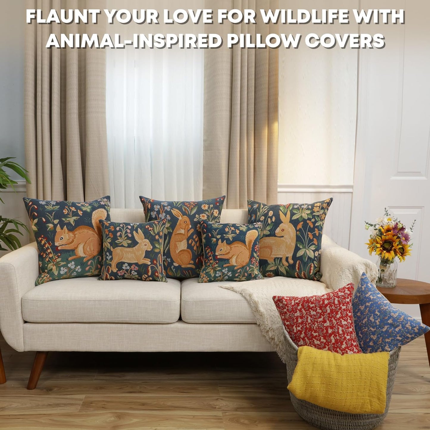 Charlotte Home Furnishings Decorative Throw Pillow Cover 19x19 in, Tree Squirrel French Country Sofa Cushion Case, Home Decor Cozy Square Tapestry Pillow Cover, Soft European Cotton Jacquard Woven