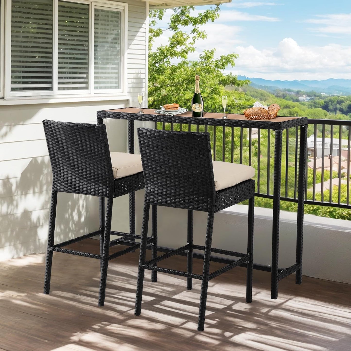 Patio Bar Dining Set,Outdoor Durable Bar Height Table & Cushioned Bar Stools, Metal Bar Table and Chairs Set for Balcony, Backyard, Porch, Poolside (3pcs with 63" Rattan Table)