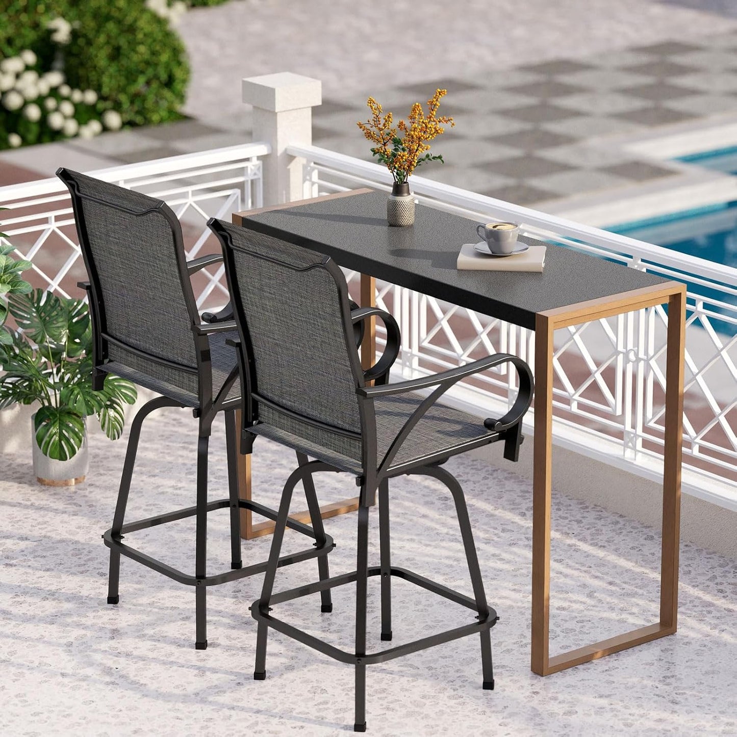 PHI VILLA 7 Piece Outdoor Bar Dining Set, High Top Patio Table and Chairs with 6 Swivel Teal Bar Stools & 40" Rectangle Metal Bar Table for Garden, Yard and Deck