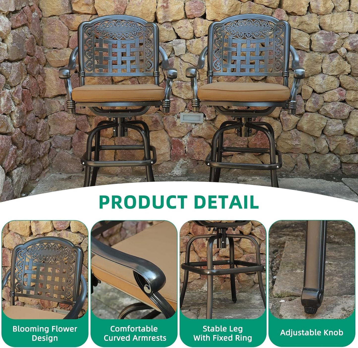 VIVIJASON 10-Piece High Patio Dining Set, All Weather Cast Aluminum Outdoor Bar Table and Chairs Set, Includes 8 Swivel Bar Stools & 64" Bar Height Dining Table with 35.5" Lazy Susan, Umbrella Hole