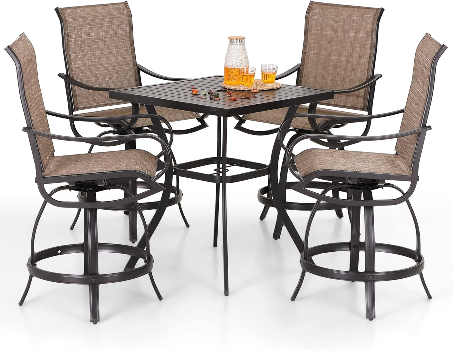 PHI VILLA 5 PCS Outdoor Bar Set, Counter Height Swivel Chair with Rectangle Metal Table, Textilene Fabric and Quick-Drying Waterproof,High Patio Set for Garden, Yard, Poolside