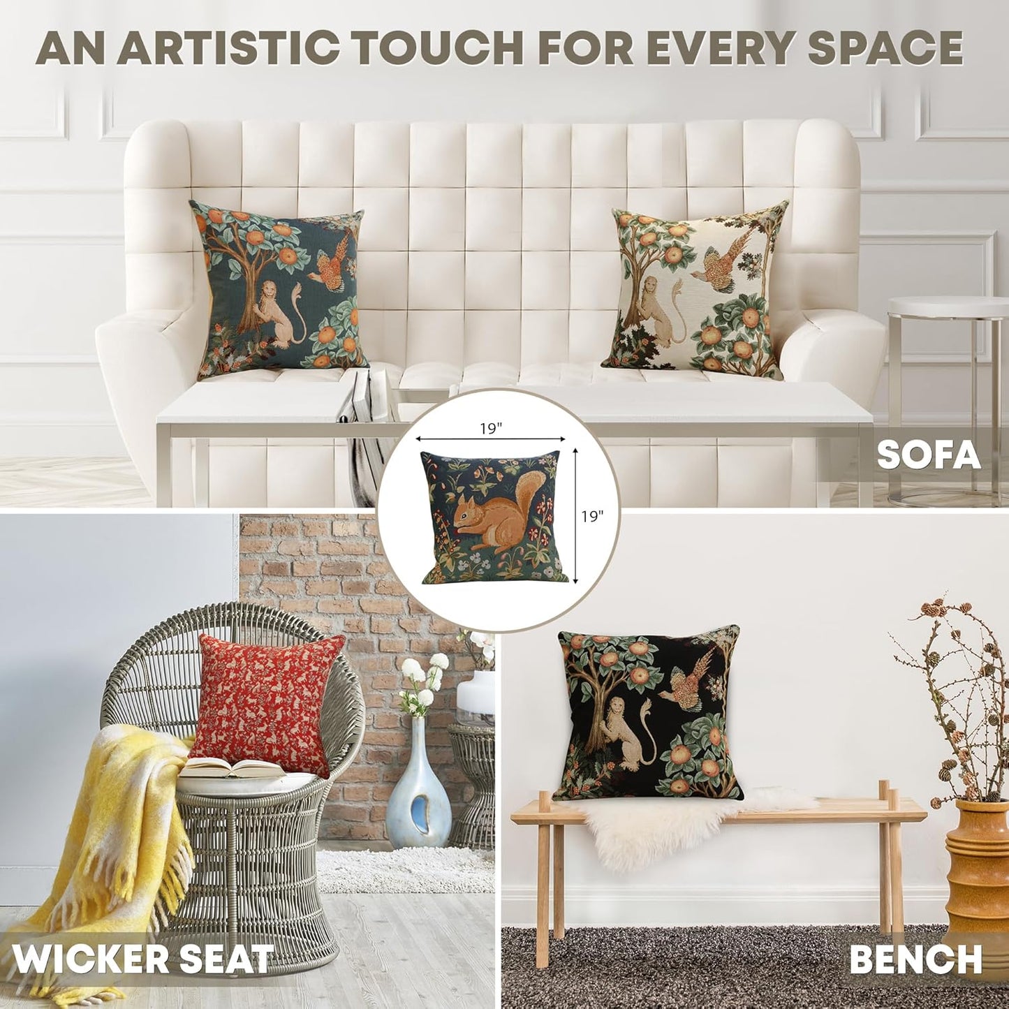 Charlotte Home Furnishings Decorative Throw Pillow Cover 19x19 in, Tree Squirrel French Country Sofa Cushion Case, Home Decor Cozy Square Tapestry Pillow Cover, Soft European Cotton Jacquard Woven