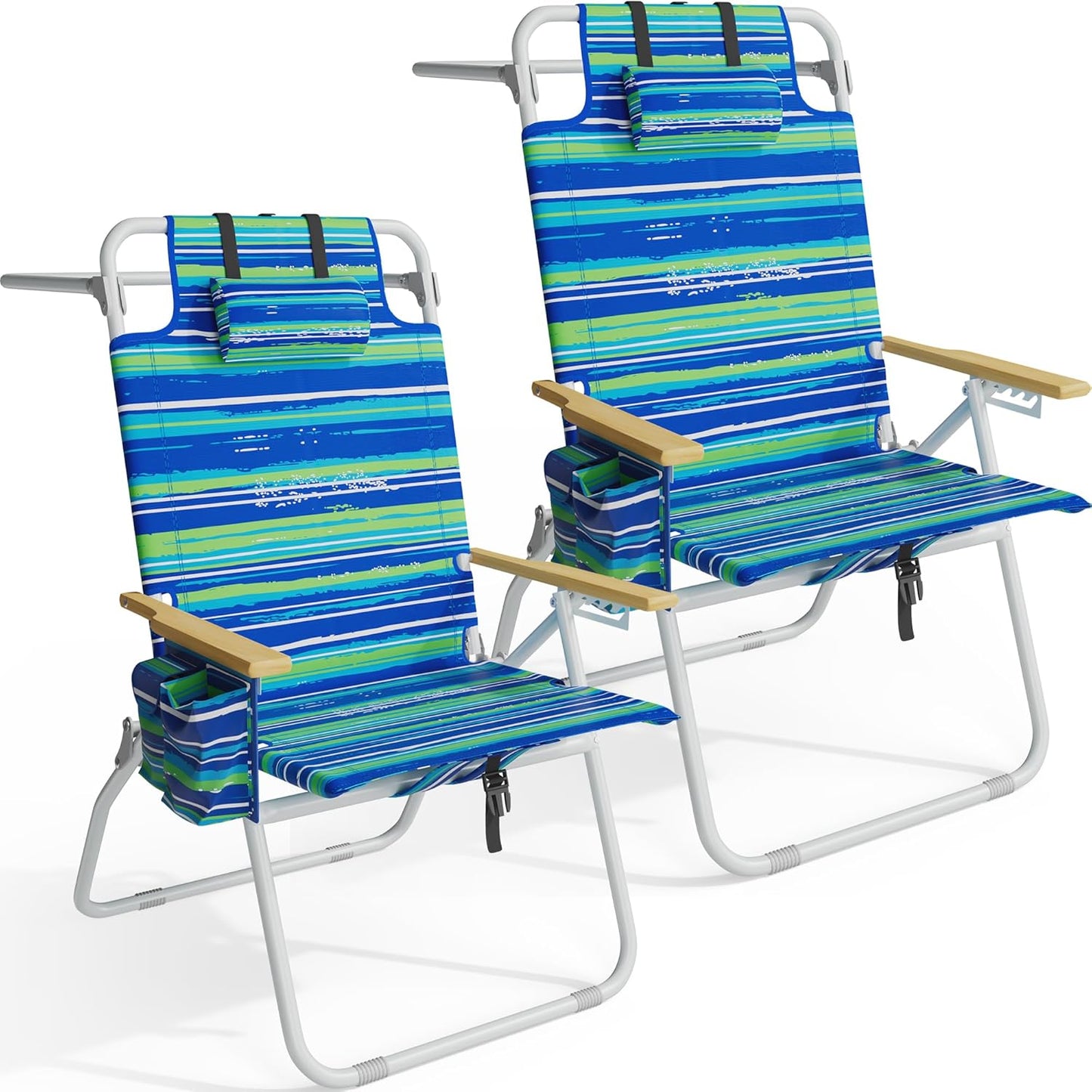 Tall Beach Chairs for Adults, 17" High Backpack Beach Chair with Wooden Armrests, 5 Positions Reclining Heavy Duty Chair with Large Cooler Pouch, Support to 350LBS Striped Blue,1pack