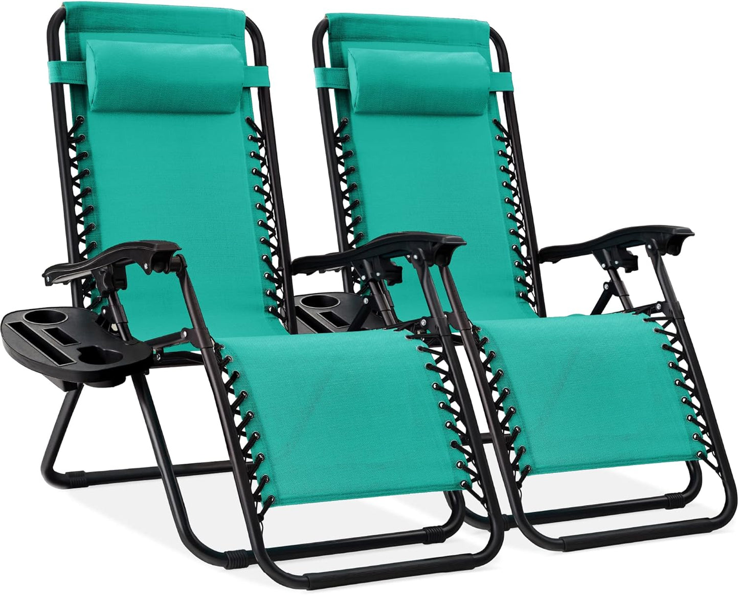 Best Choice Products Set of 2 Adjustable Steel Mesh Zero Gravity Lounge Chair Recliners w/Pillows and Cup Holder Trays - Navy Blue