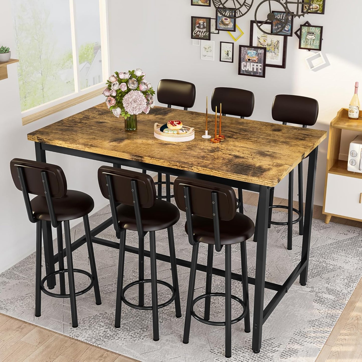 DKLGG 7-Piece Dining Table Set, 50" Bar Table Set for 6 with MDF & Metal Frame, Tall Dining with 6 PU Leather Chairs, Saving Space Pub and Chairs Sets for Bar, Kitchen, Brown