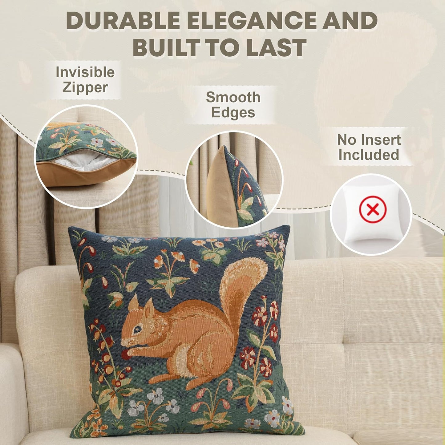 Charlotte Home Furnishings Decorative Throw Pillow Cover 19x19 in, Tree Squirrel French Country Sofa Cushion Case, Home Decor Cozy Square Tapestry Pillow Cover, Soft European Cotton Jacquard Woven