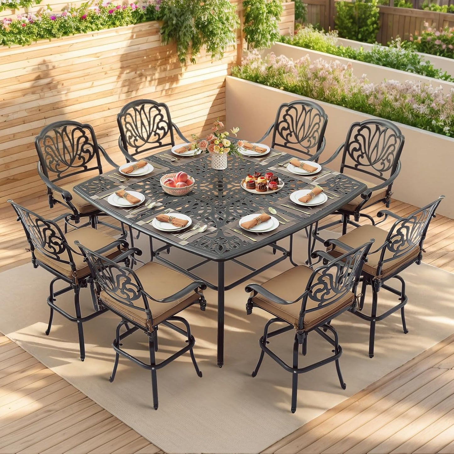 VIVIJASON 10-Piece High Patio Dining Set, All Weather Cast Aluminum Outdoor Bar Table and Chairs Set, Includes 8 Swivel Bar Stools & 64" Bar Height Dining Table with 35.5" Lazy Susan, Umbrella Hole
