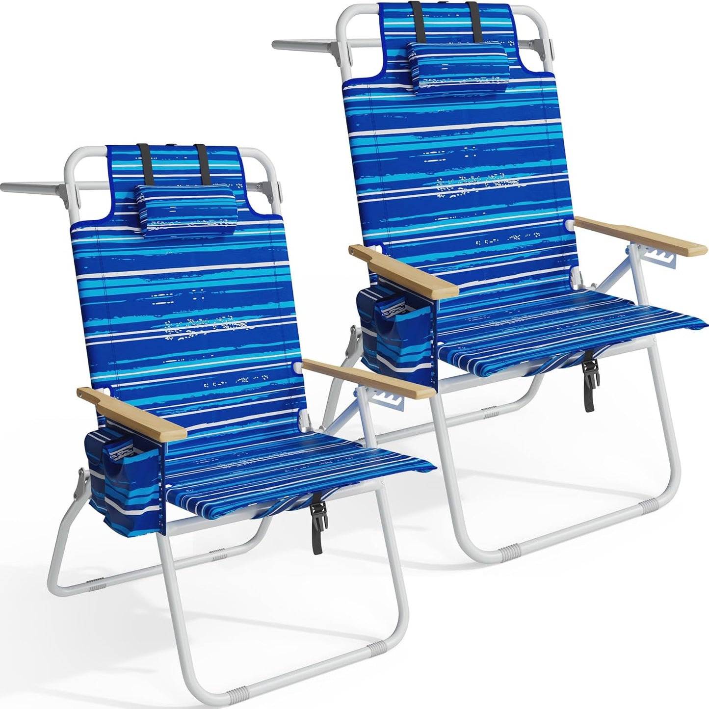 Tall Beach Chairs for Adults, 17" High Backpack Beach Chair with Wooden Armrests, 5 Positions Reclining Heavy Duty Chair with Large Cooler Pouch, Support to 350LBS Striped Blue,1pack