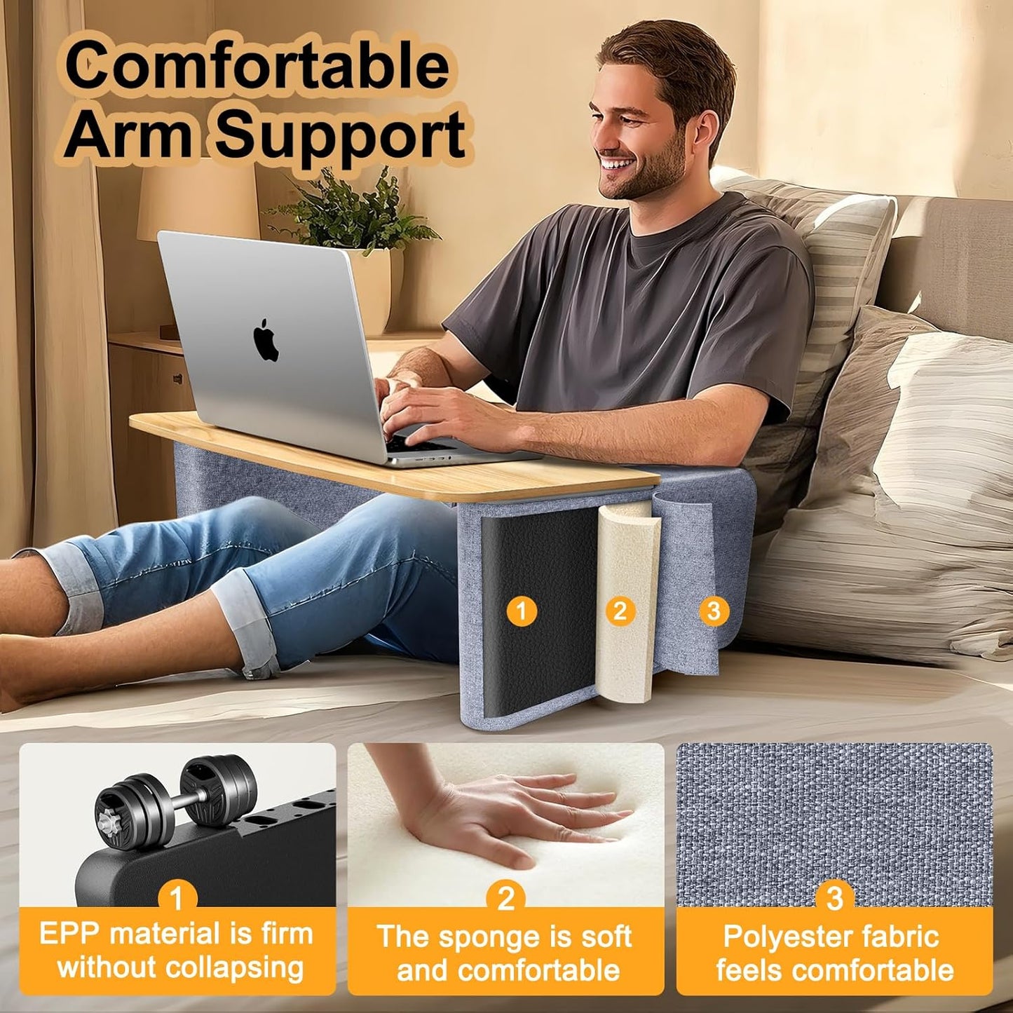 Reading Pillow with Sturdy Wooden Surface, Lap Pillow Desk for Laptop, Arm Rest Pillow for Bed and Gaming, Soft Cushioned Cover, Storage Pockets, Detachable Design, Perfect for Adults and Book Lovers