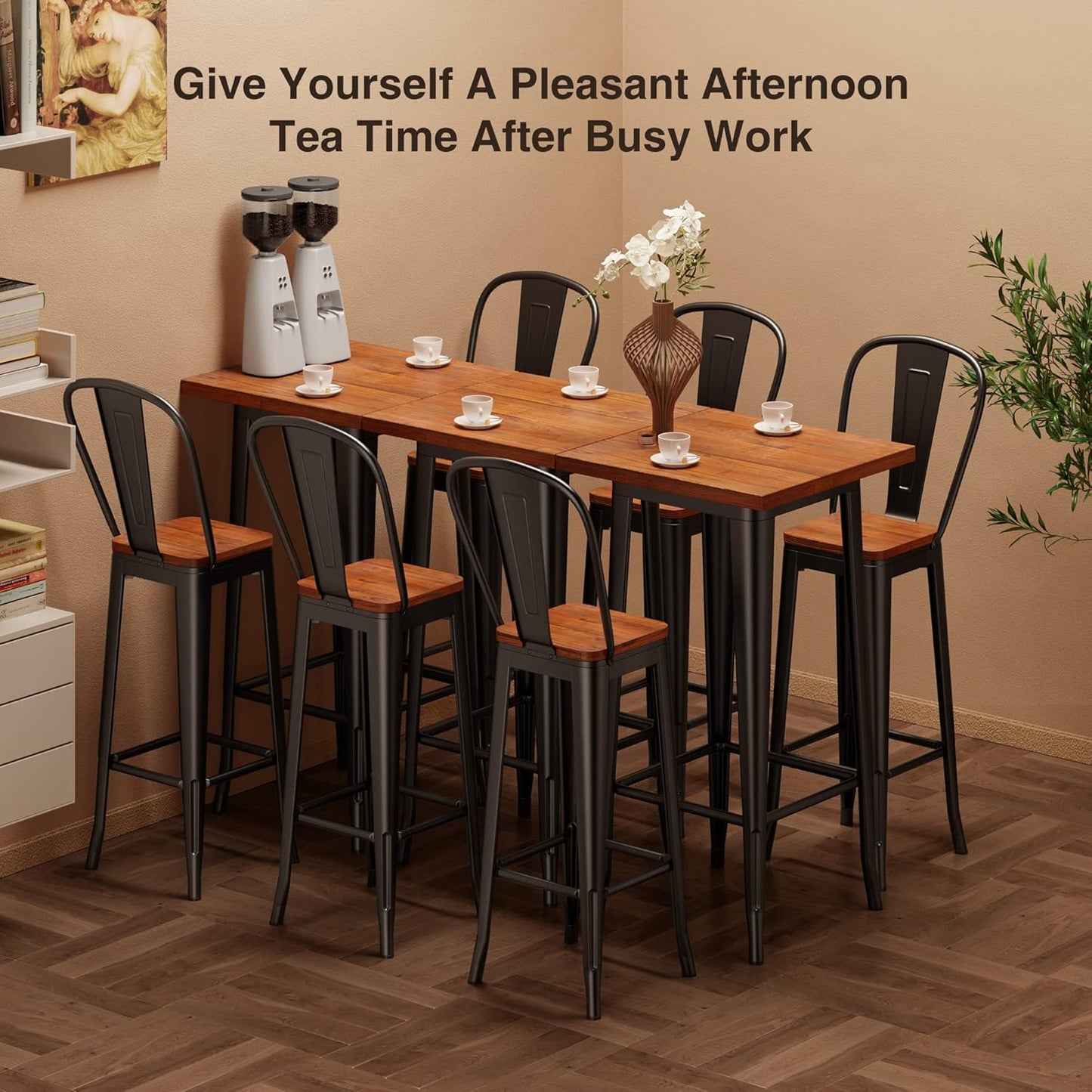 Aiho Bar Table and Chairs Set, Pub Table and Chairs Set of 2, with Elm Solid Wood and Thickened Metal Frame, for Bar, Small Space, Bistro Cafe