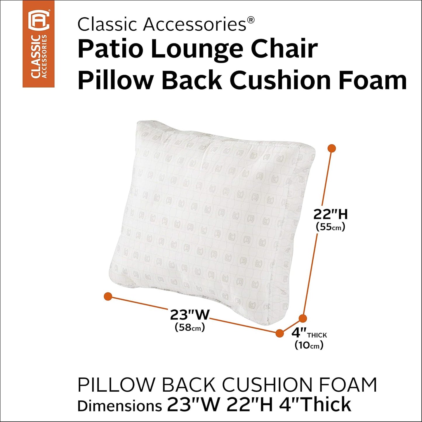 Classic Accessories Patio Lounge Chair Pillow Back Cushion Foam, 23 x 22 x 4 Inch