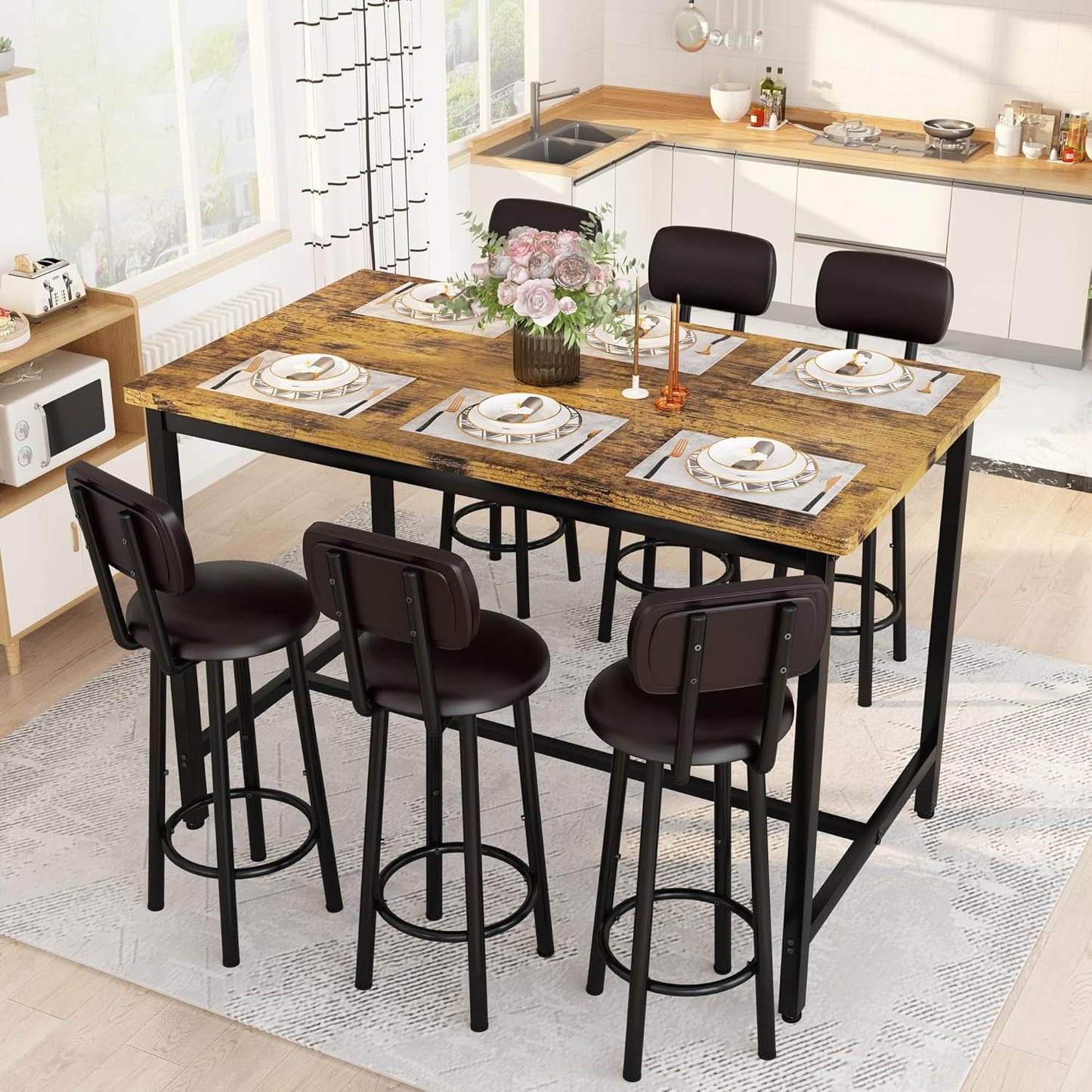 DKLGG 7-Piece Dining Table Set, 50" Bar Table Set for 6 with MDF & Metal Frame, Tall Dining with 6 PU Leather Chairs, Saving Space Pub and Chairs Sets for Bar, Kitchen, Brown