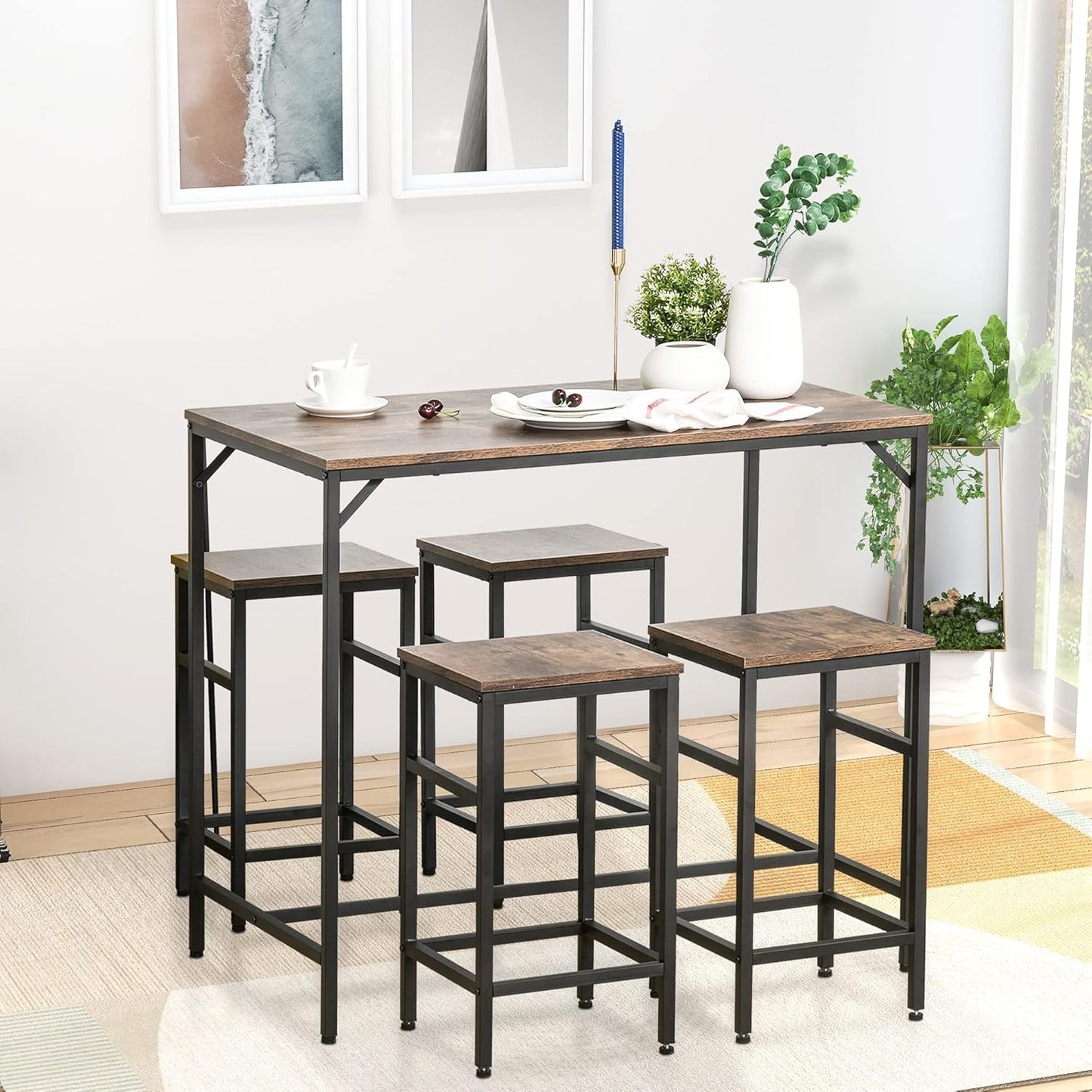 HOMCOM 5-Piece Industrial Dining Table Set, Bar Table & 4 Stools Set, Space Saving for Pub & Kitchen, Black/Brown