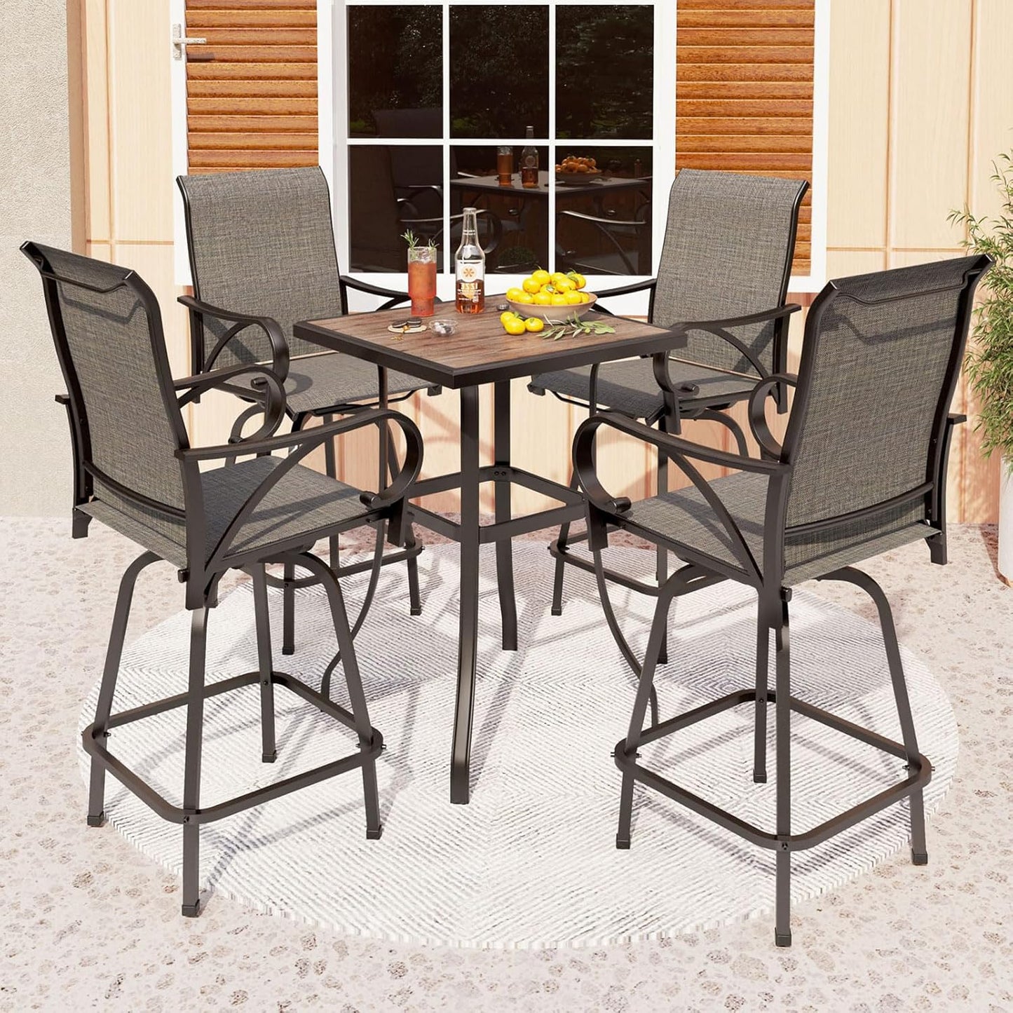 PHI VILLA 5 Piece Patio Bar Set, High Top Outdoor Table and Chairs for 4 with Swivel Padded Bar Stools Outside and Square Metal Bar Bistro Table for Garden, Deck and Poolside