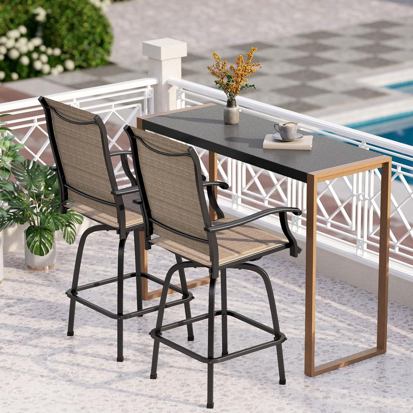 PHI VILLA 7 Piece Outdoor Bar Dining Set, High Top Patio Table and Chairs with 6 Swivel Teal Bar Stools & 40" Rectangle Metal Bar Table for Garden, Yard and Deck