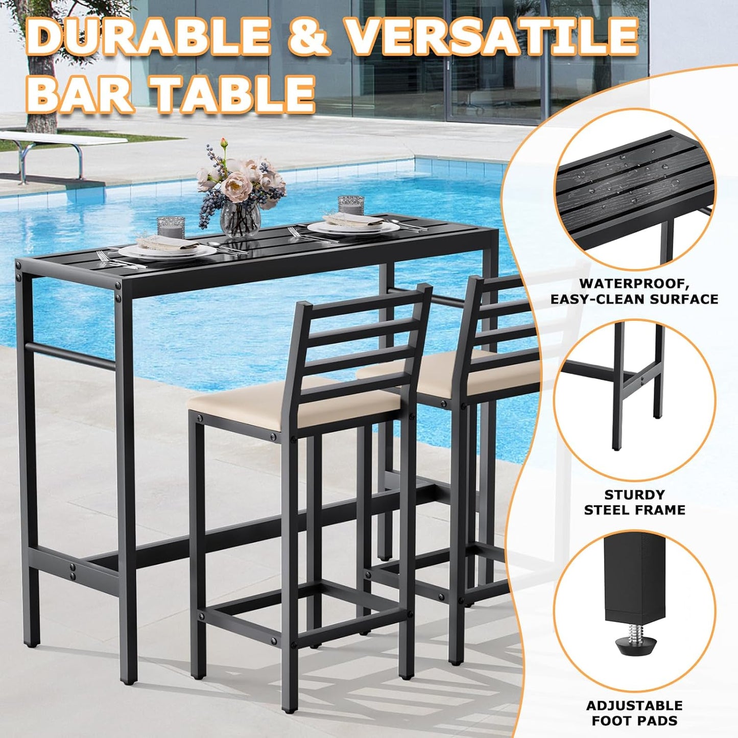 3-Piece Outdoor Patio Bar Set – 47" High Top Pub Table with 2 Cushioned Chairs, Metal Bar Table and Chairs Set Perfect for Balcony, Backyard, or Porch Relaxation