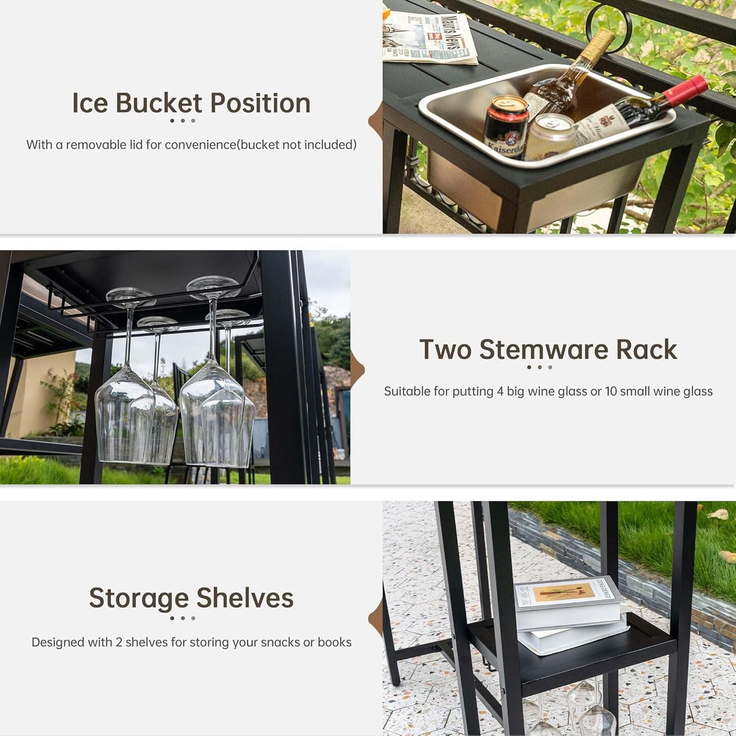 6 Piece Outdoor Patio Bar Set, 2 PCS 47" Rectangular Counter Height High Top Bar Tables with Wheels, 4 Cushioned Bar Stools, Metal Bar Table and Chairs Set for Balcony, Backyard, Porch