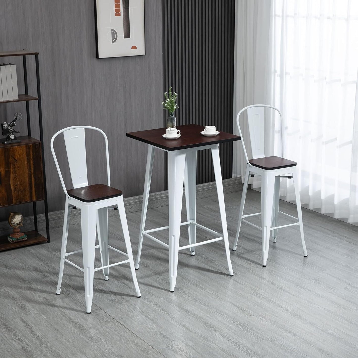 HOMCOM 3 Piece Industrial Dining Table Set, Bar Height Bar Table and Chairs Set with Footrests for Bistro, Pub, White and Brown