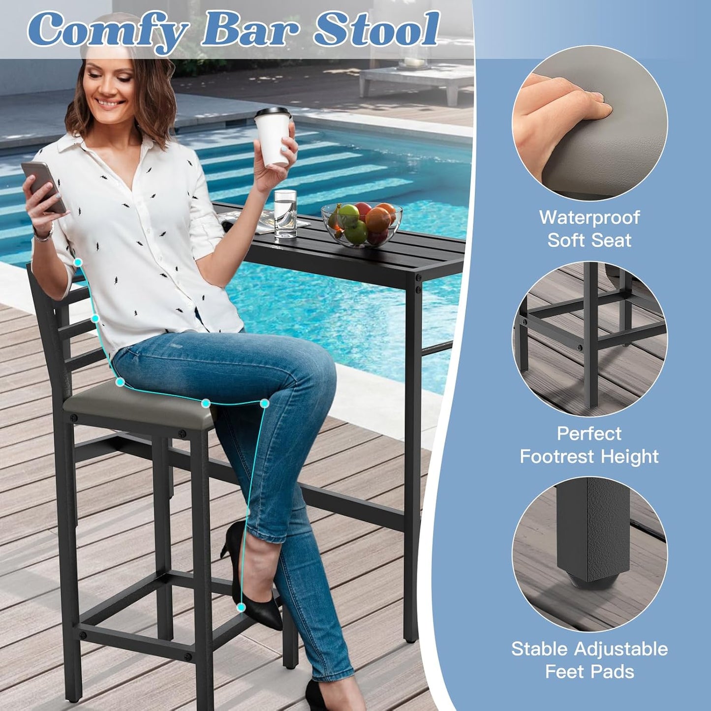3 Pcs Outdoor Patio Bar Set, Outdoor Stainless Steel Patio Bar Set with 55'' Height Bar Table & 2 Cushioned Bar Table, Metal Bar Table and Chairs Set for Outside, Patio, Balcony, Backyard, Porch, Deck