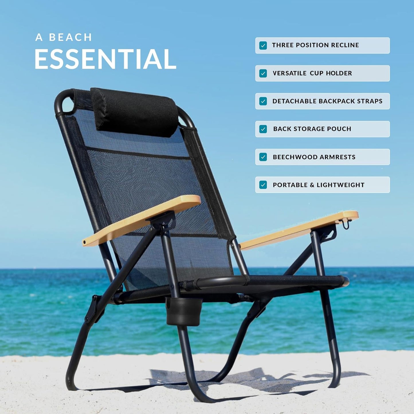 Water Buffalo Bondi Beach Chair – Backpack Beach Chair for Adults with Reclining Positions, Cup Holder & High Back Support