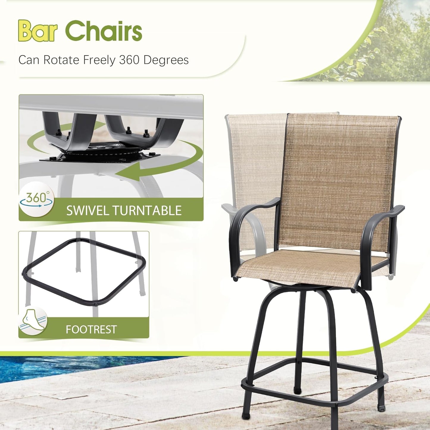 Devoko Patio Swivel Bar Set 3 Pieces Patio High Top Bar Table and Stools Chairs Set Textilene Sling Fabric Outdoor Bar Stools Set of 2 for Garden, Balcony