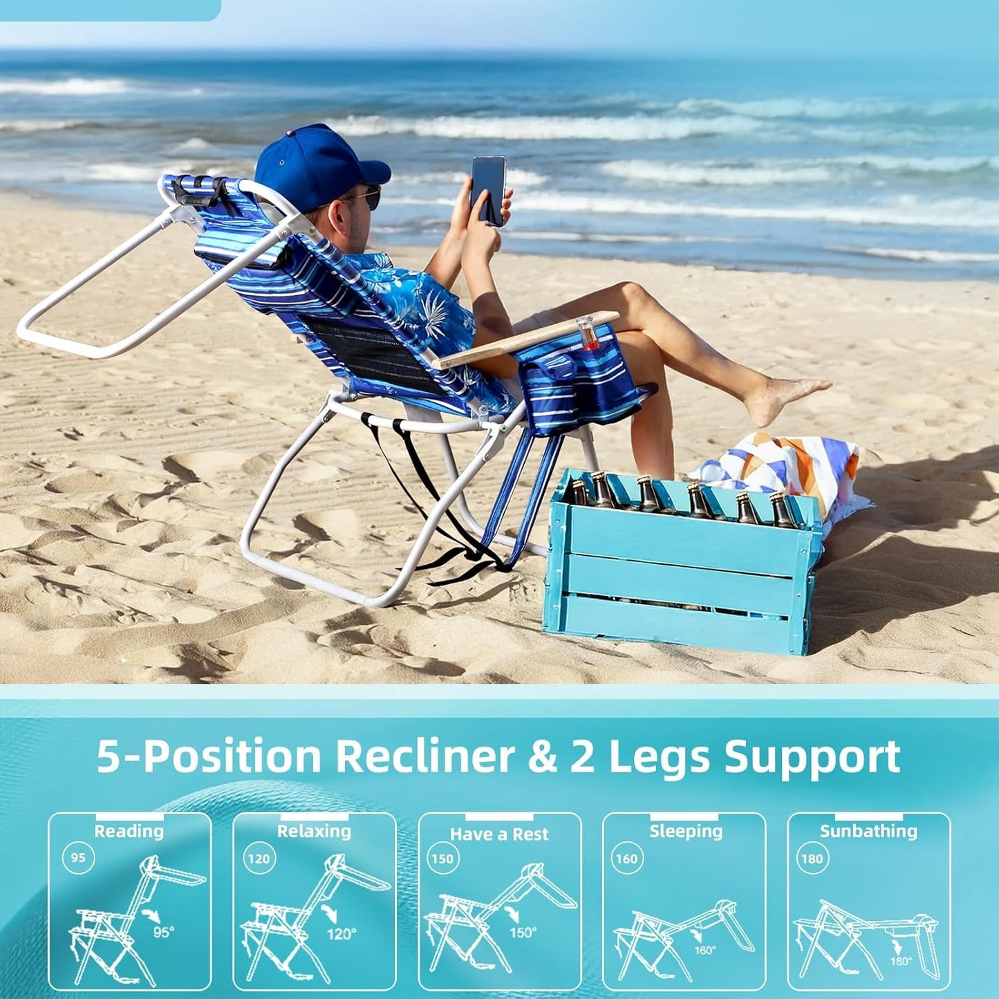 Tall Beach Chairs for Adults, 17" High Backpack Beach Chair with Wooden Armrests, 5 Positions Reclining Heavy Duty Chair with Large Cooler Pouch, Support to 350LBS Striped Blue,1pack