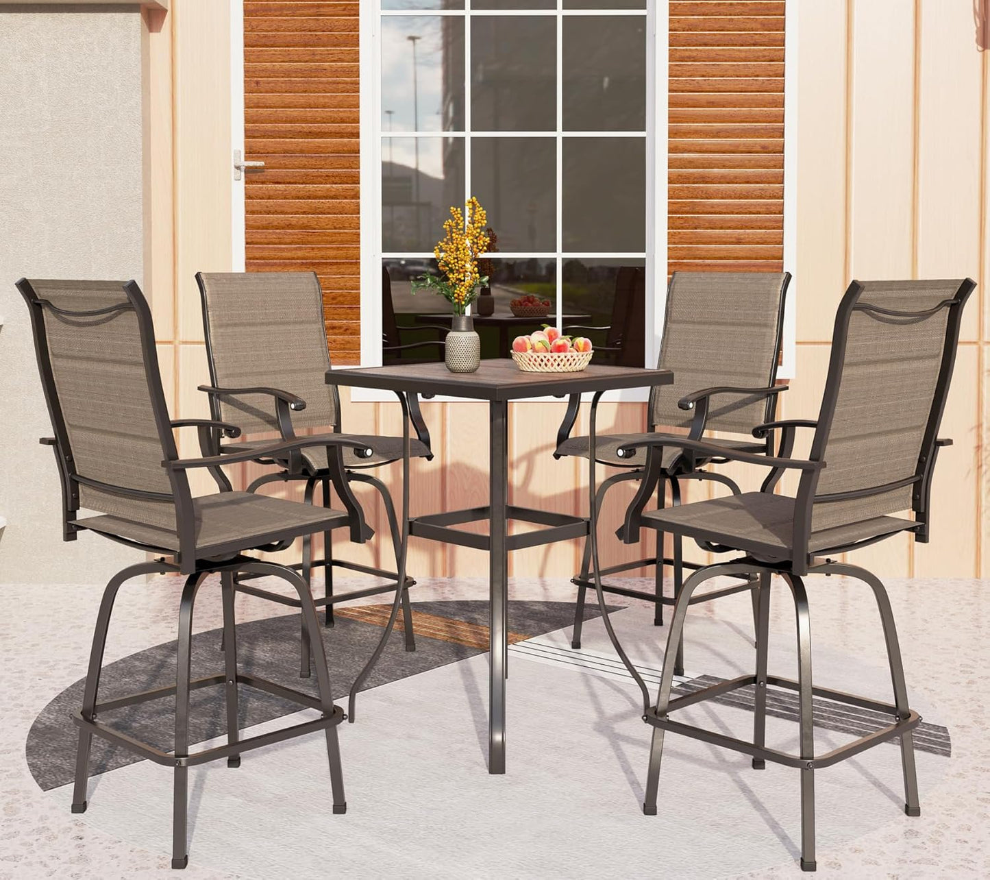 PHI VILLA 5 Piece Patio Bar Set, High Top Outdoor Table and Chairs for 4 with Swivel Padded Bar Stools Outside and Square Metal Bar Bistro Table for Garden, Deck and Poolside