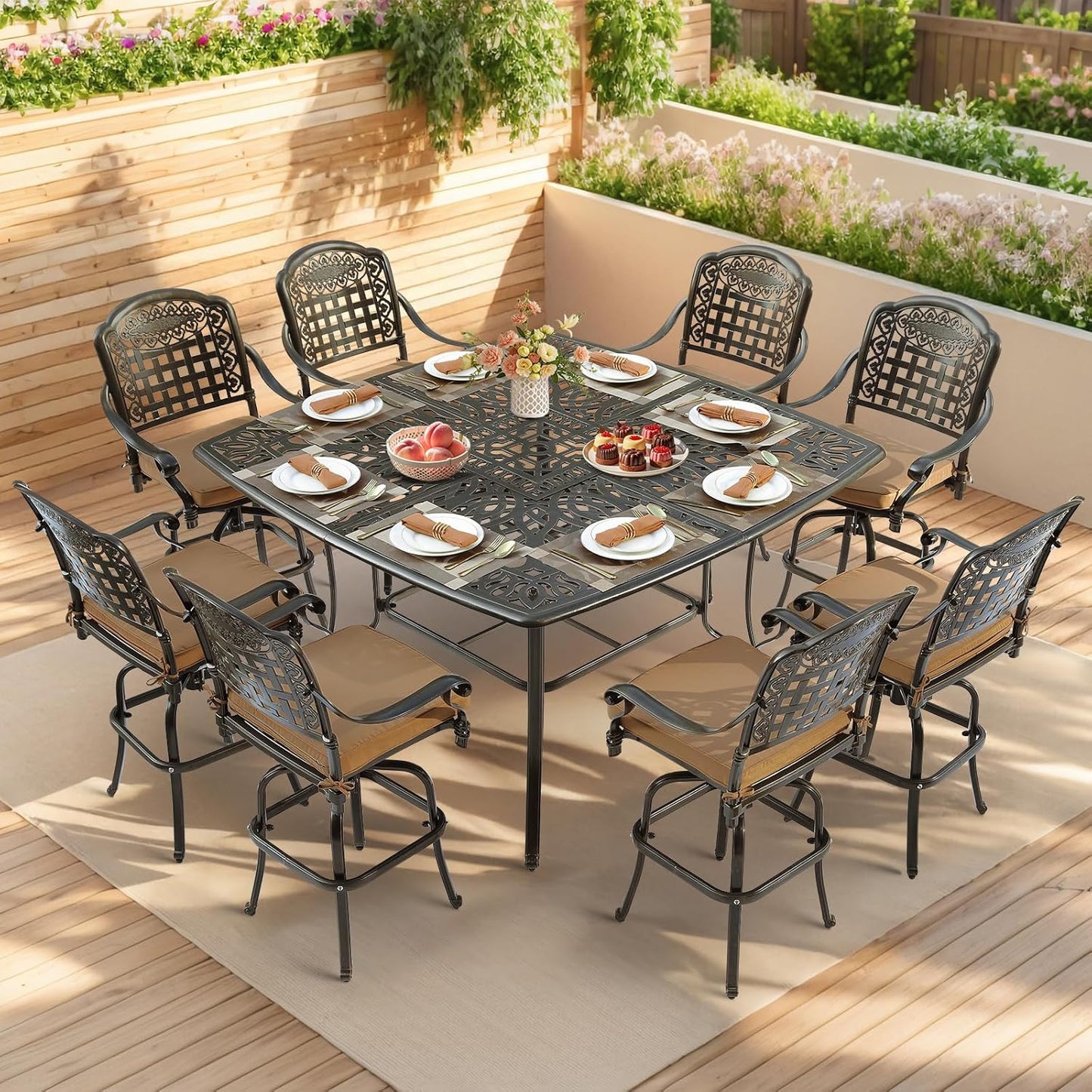 VIVIJASON 10-Piece High Patio Dining Set, All Weather Cast Aluminum Outdoor Bar Table and Chairs Set, Includes 8 Swivel Bar Stools & 64" Bar Height Dining Table with 35.5" Lazy Susan, Umbrella Hole