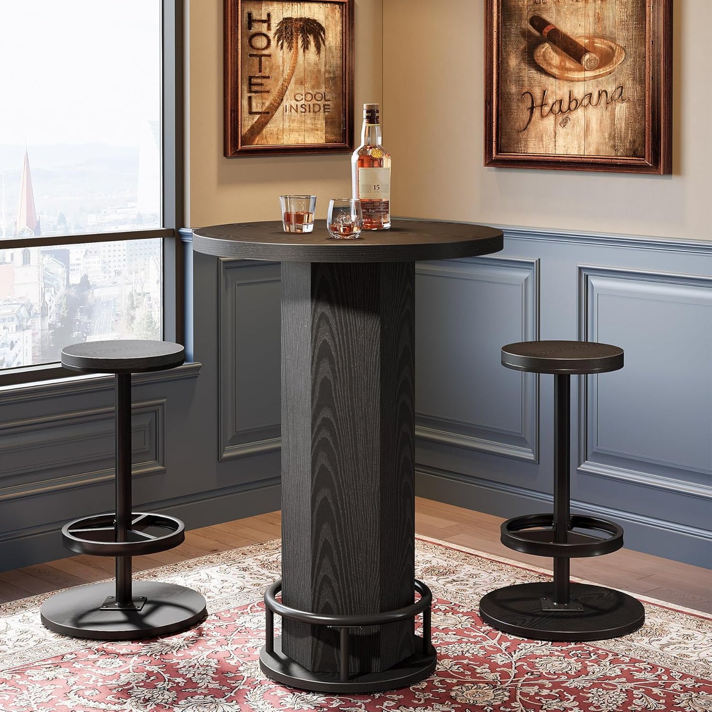 Tribesigns Round Bar Table with Chairs, Industrial Bistro Sets with 2 barstools, Pub Cocktail Table with Metal Ring Footrest for Kitchen Nook, Apartment, Small Space