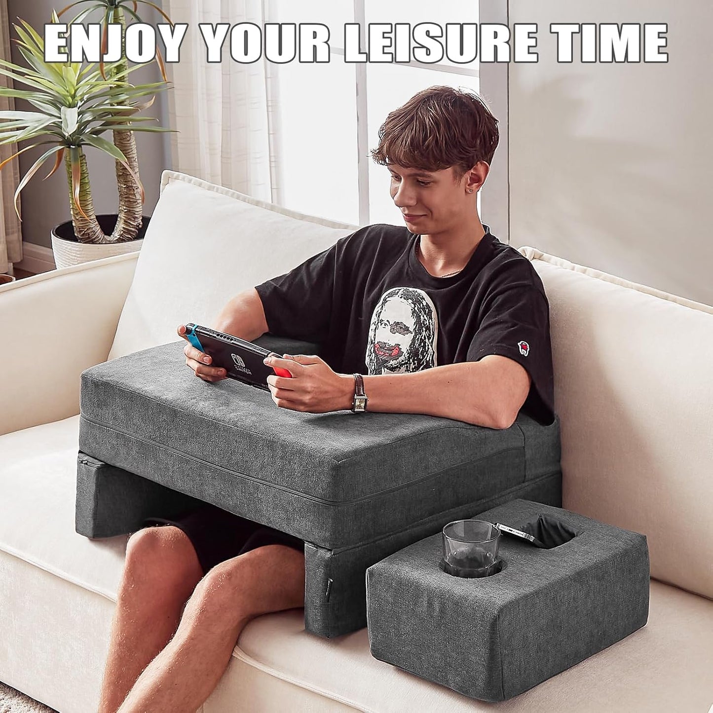 Lap Desk Pillow for Laptop, Large Reading Pillow for Adult, Arm Rest Pillow with Cup Holder, Memory Foam Bed Desk for Working, Gaming, Reading, Laptop Desk for Couch Bed Floor(Grey)