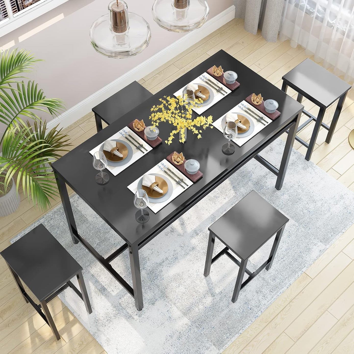 AWQM 5 Piece Bar Table Set, Modern Counter Height Dining Table and Chairs Set for 4, Wood Kitchen Table and 4 Bar Stools for Small Spaces, Apartment, Pub, Dining Room (Black)