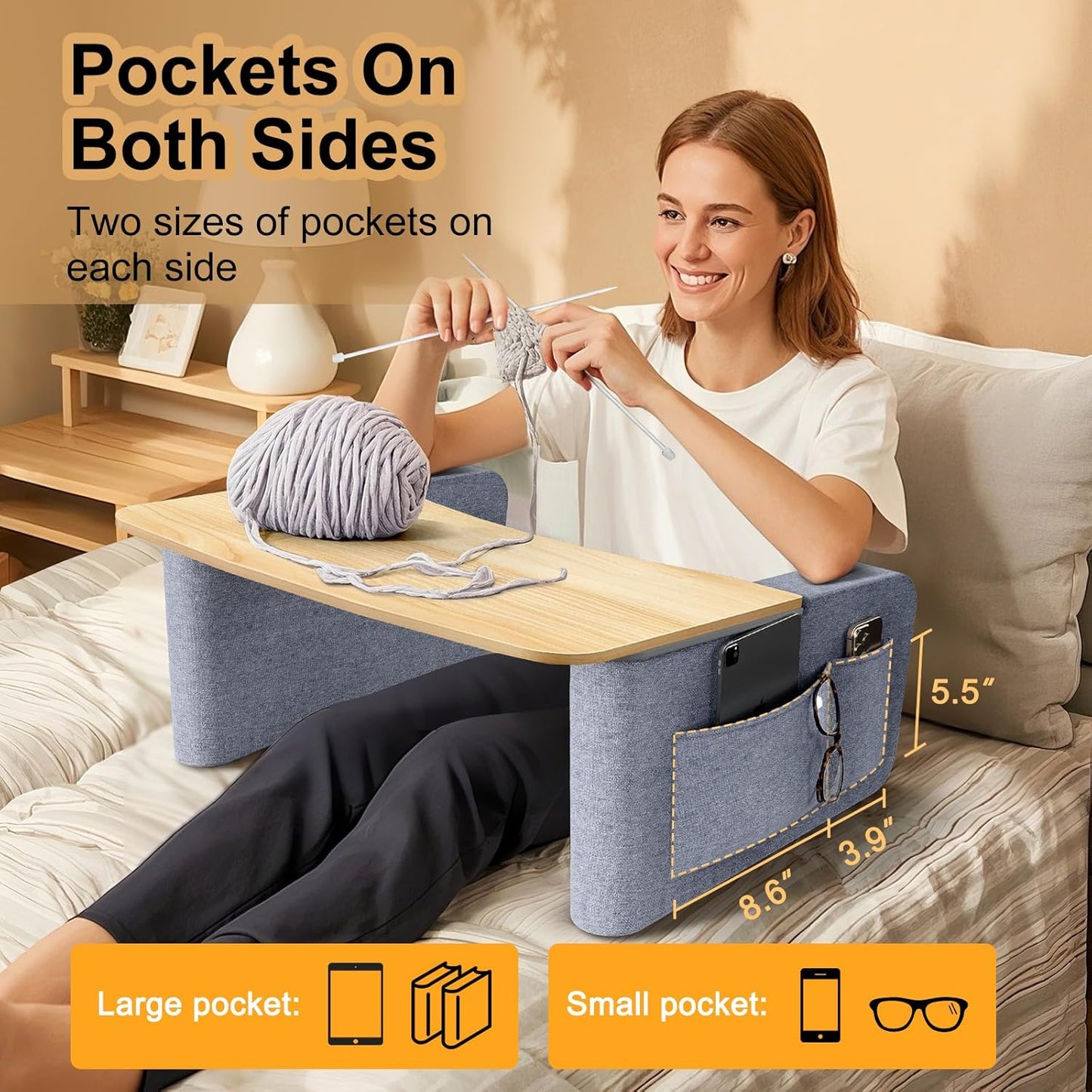 Reading Pillow with Sturdy Wooden Surface, Lap Pillow Desk for Laptop, Arm Rest Pillow for Bed and Gaming, Soft Cushioned Cover, Storage Pockets, Detachable Design, Perfect for Adults and Book Lovers