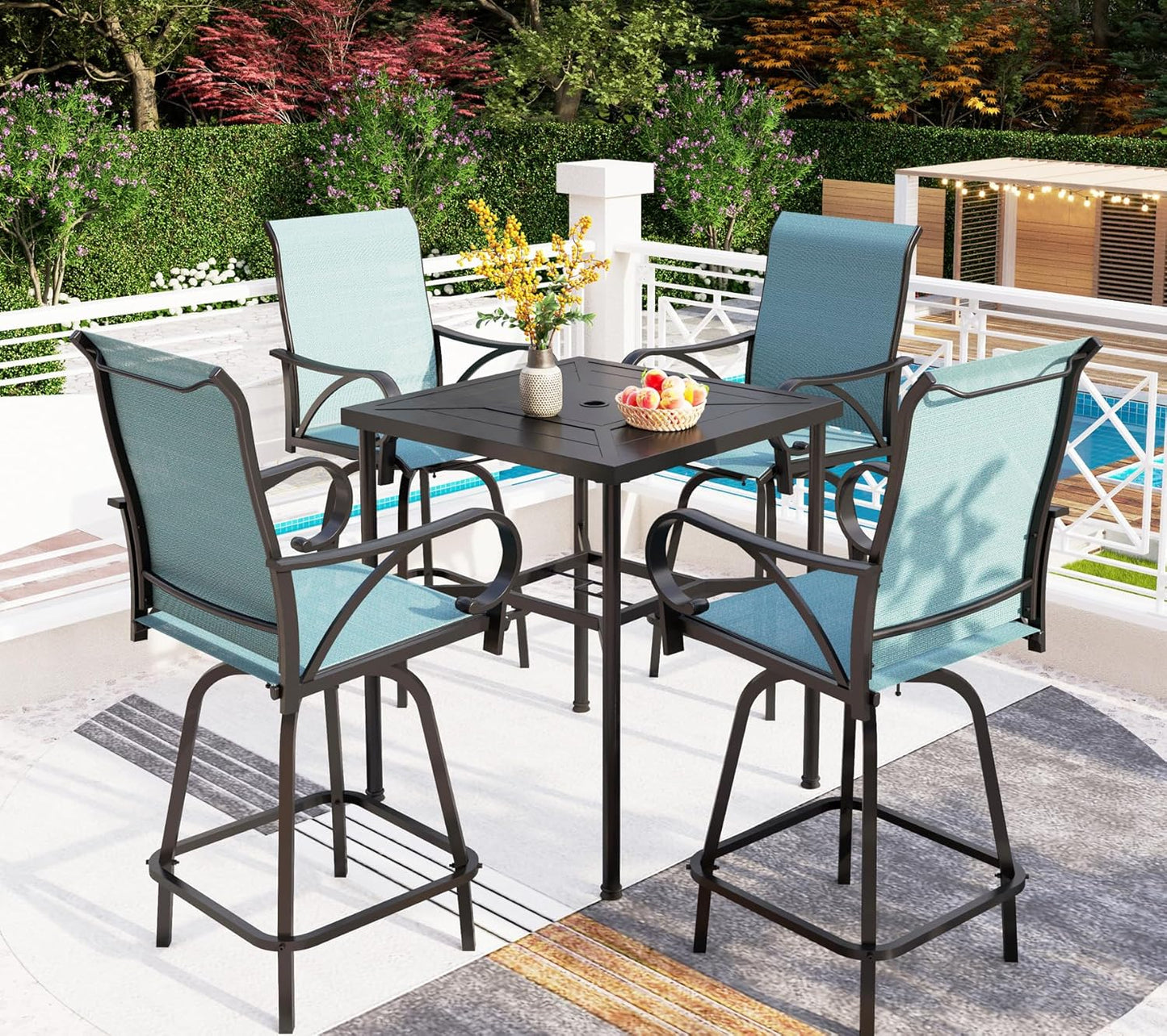 PHI VILLA 5 Piece Patio Bar Set, High Top Outdoor Table and Chairs for 4 with Swivel Padded Bar Stools Outside and Square Metal Bar Bistro Table for Garden, Deck and Poolside
